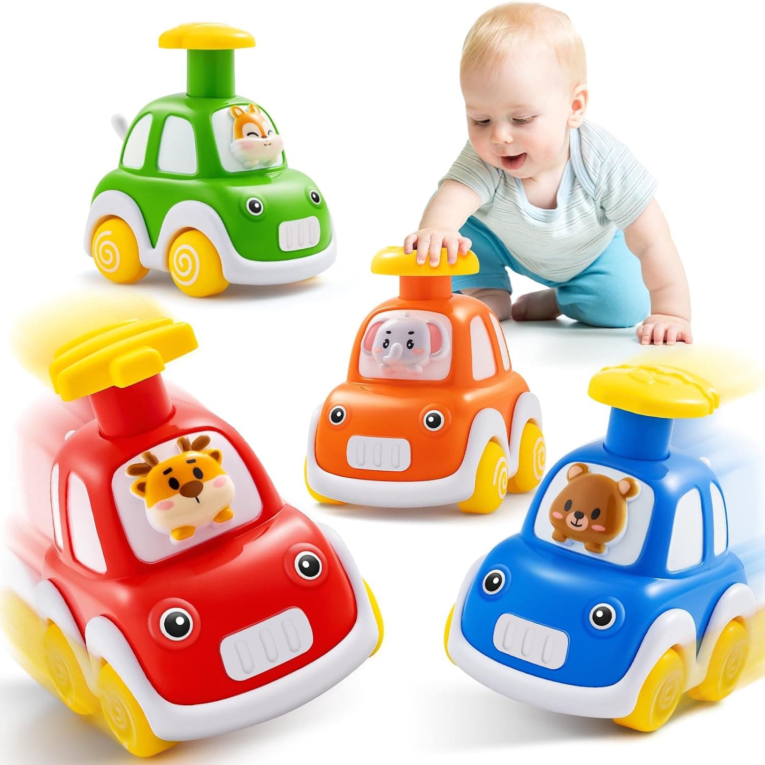 TooyBing Press and Go Car Toys for Toddlers 1-3, 4 Pack Animal Baby Car Toys for 1 2 Year Old Boy, Push Go Friction Vehicle Toys for Infants 6-9-12-18 Months, One First Birthday Gifts for Boys Girls