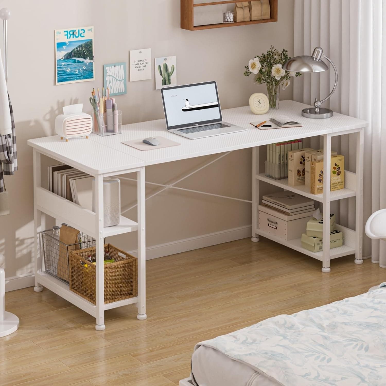 Jubestry Office Table Computer Desk Gaming Table,150cm Large Ergonomic PC Table Computer Table,Office Desk with Shelves,Study Desk for Gaming Student and Home Office (White)
