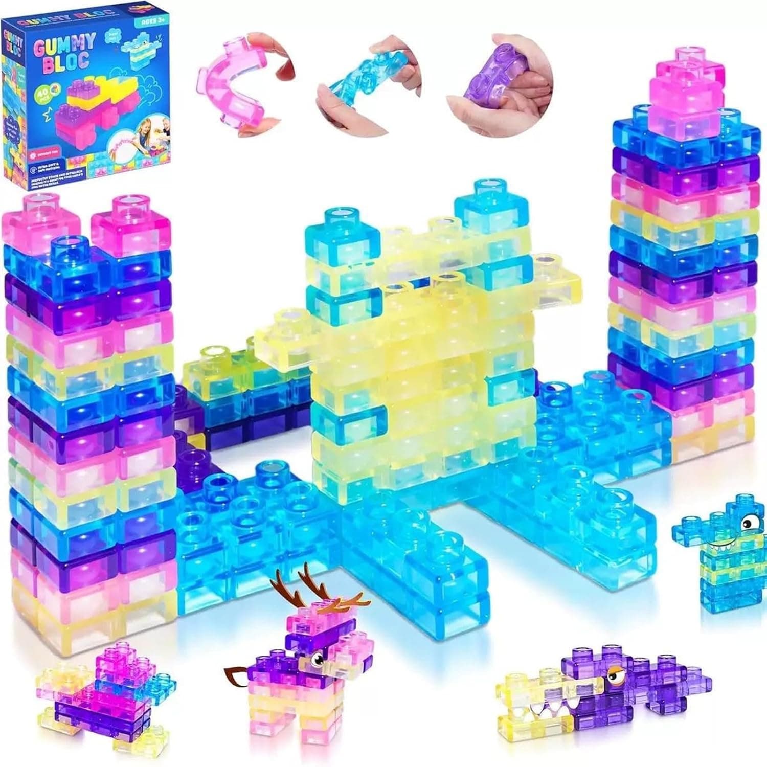 Beauenty 40 PCS Jelly Soft Building Blocks for Toddlers,Kids Stacking Toy Set, Squeezable & Stretchable Early Learning Construction Playset,Puzzle Blocks for Creative Play for 2-5