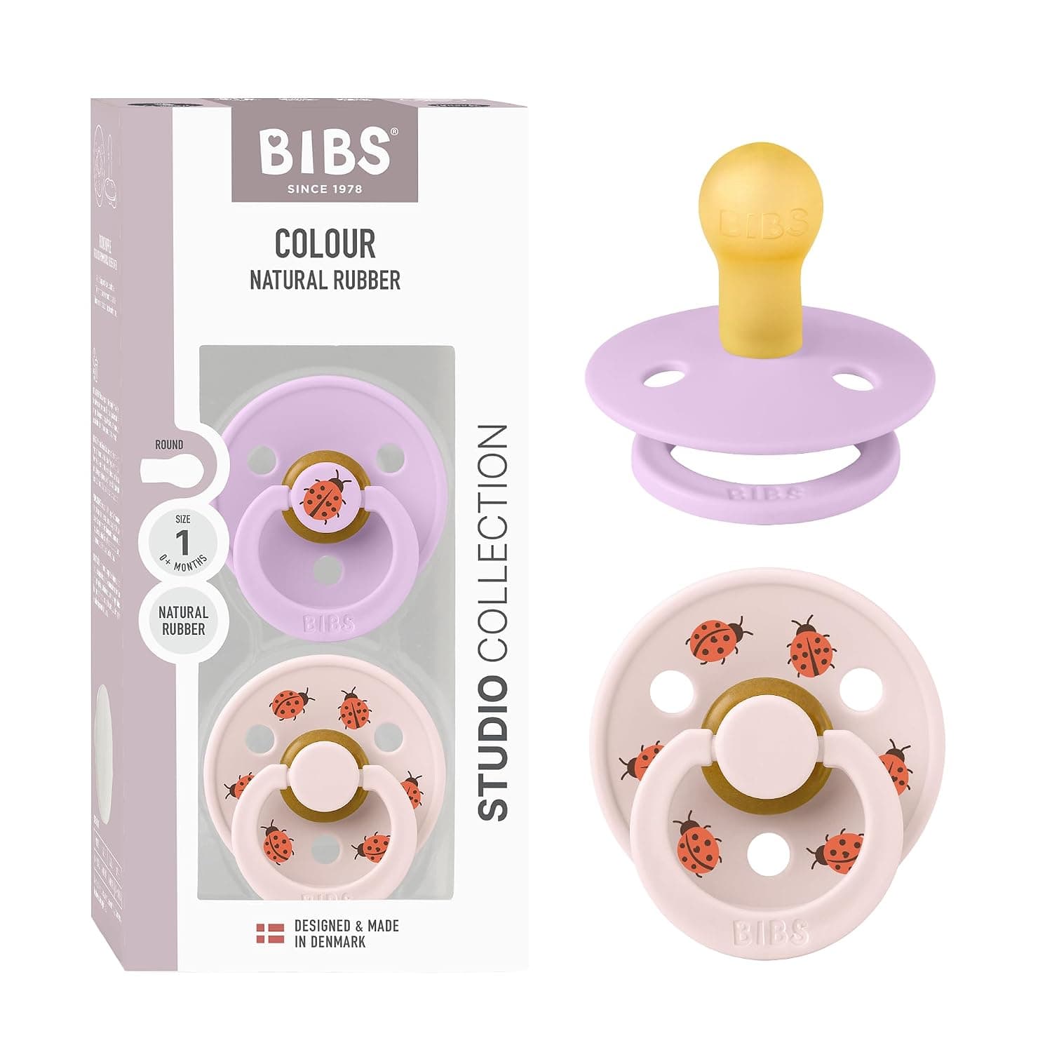 BIBS Colour Studio Pacifier, 2 Pack, BPA-Free Round Suction Teat. Natural Rubber Latex, Made in Denmark, Size 1 (0-6 Months), Sky Purple/Petal