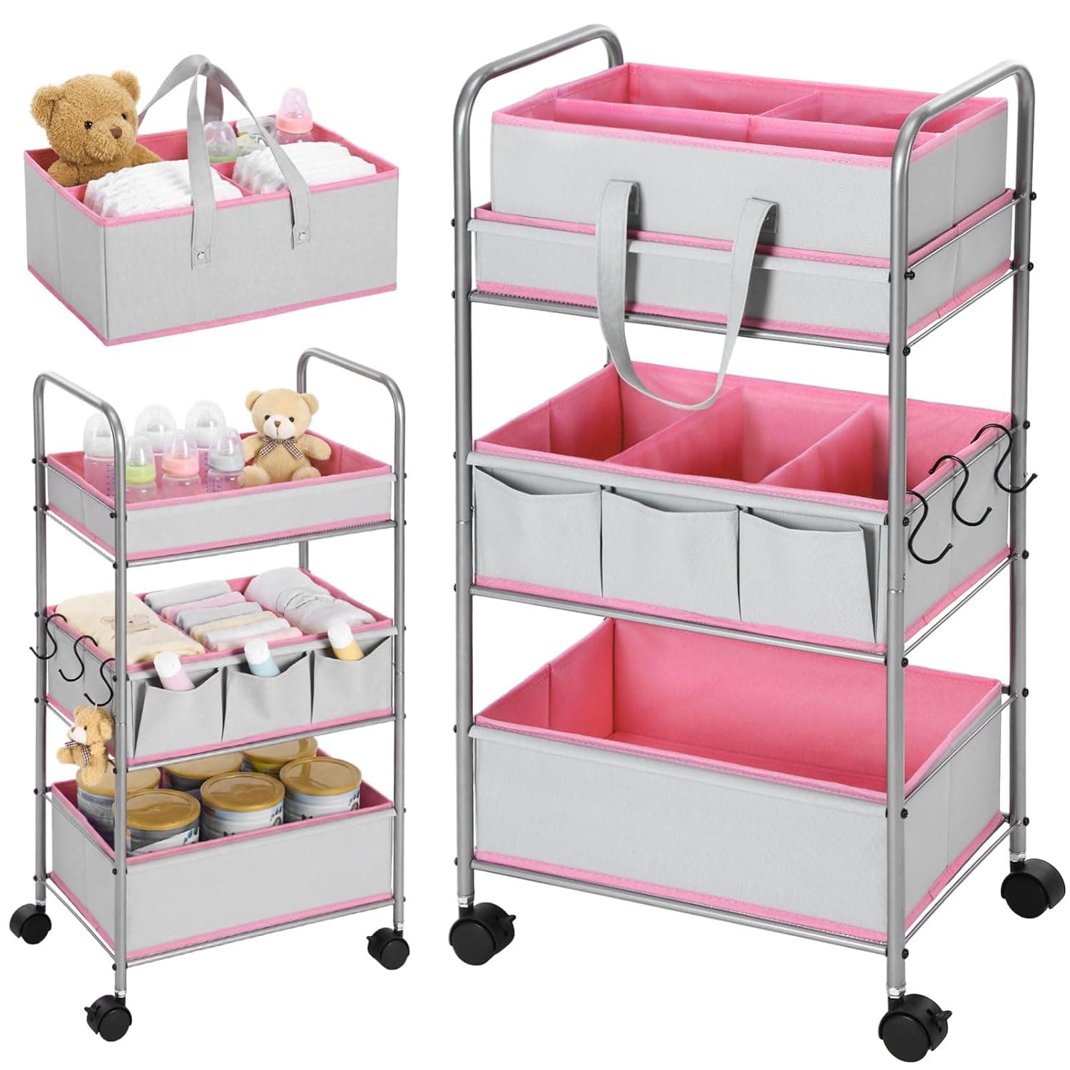 FoldTier 2in1 Colorful Baby Diaper Caddy Organizer Cart 3 Tier Large Capacity Metal Utility Bedside Rolling Cart with Divider for Newborn Nursery Essential Must Have Crib Bedroom Baby Shower(Pink)