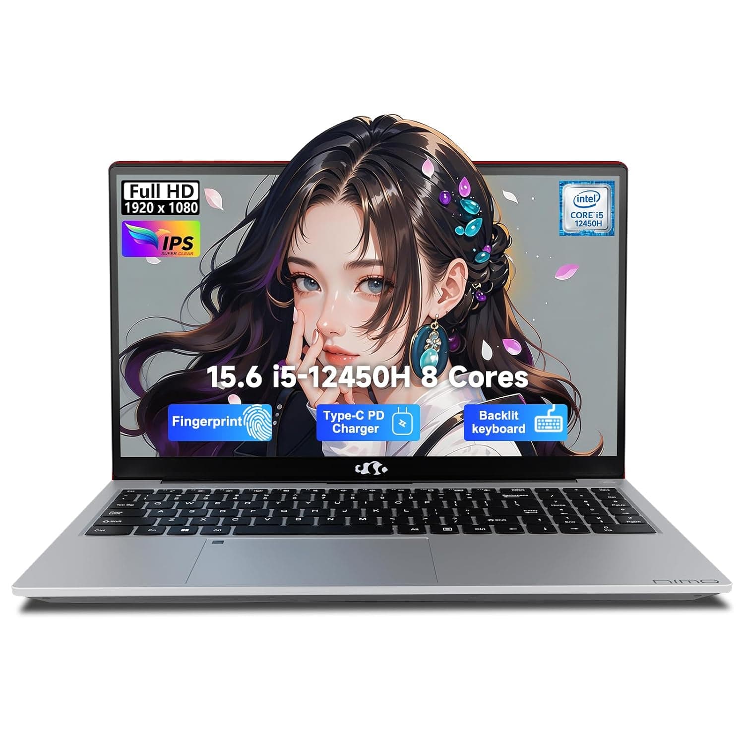 NIMO 15.6" FHD IPS Laptop, i5-12450H 8-Core (Beats i7-11800H), 16GB RAM 256GB SSD, Backlit Keyboard, Fingerprint, 100W Type-C Fast Charger, WiFi 6, Ideal for Students & Home Office Computer