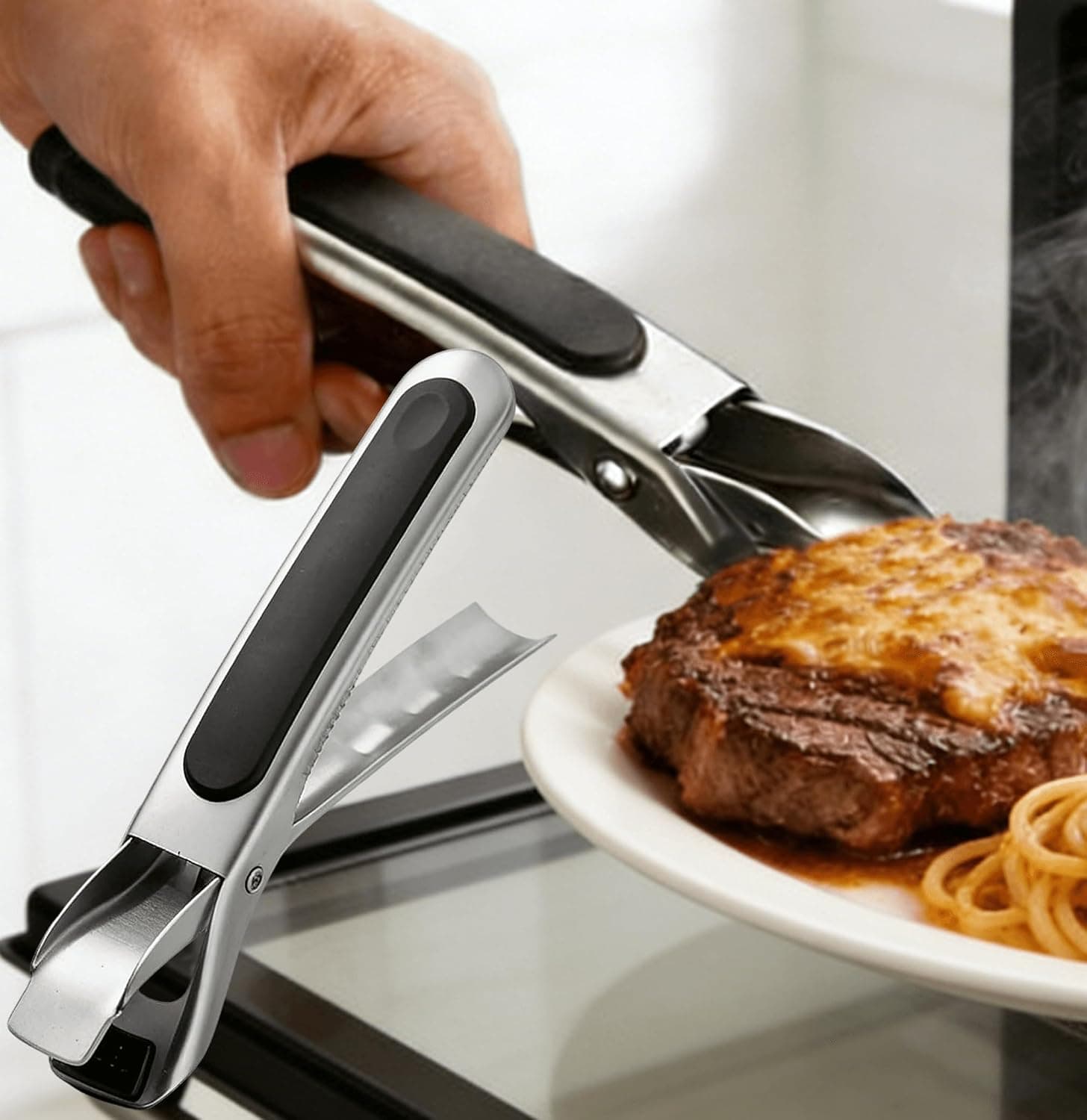 Hot Plate Gripper Anti Scald Plate Gripper Non-Slip Bowl Dish Pan Gripper Tongs for Microwave Oven Steamer Air Fryer Kitchen Cooking Tool Heavy Duty Metal Construction 1 Pack Black