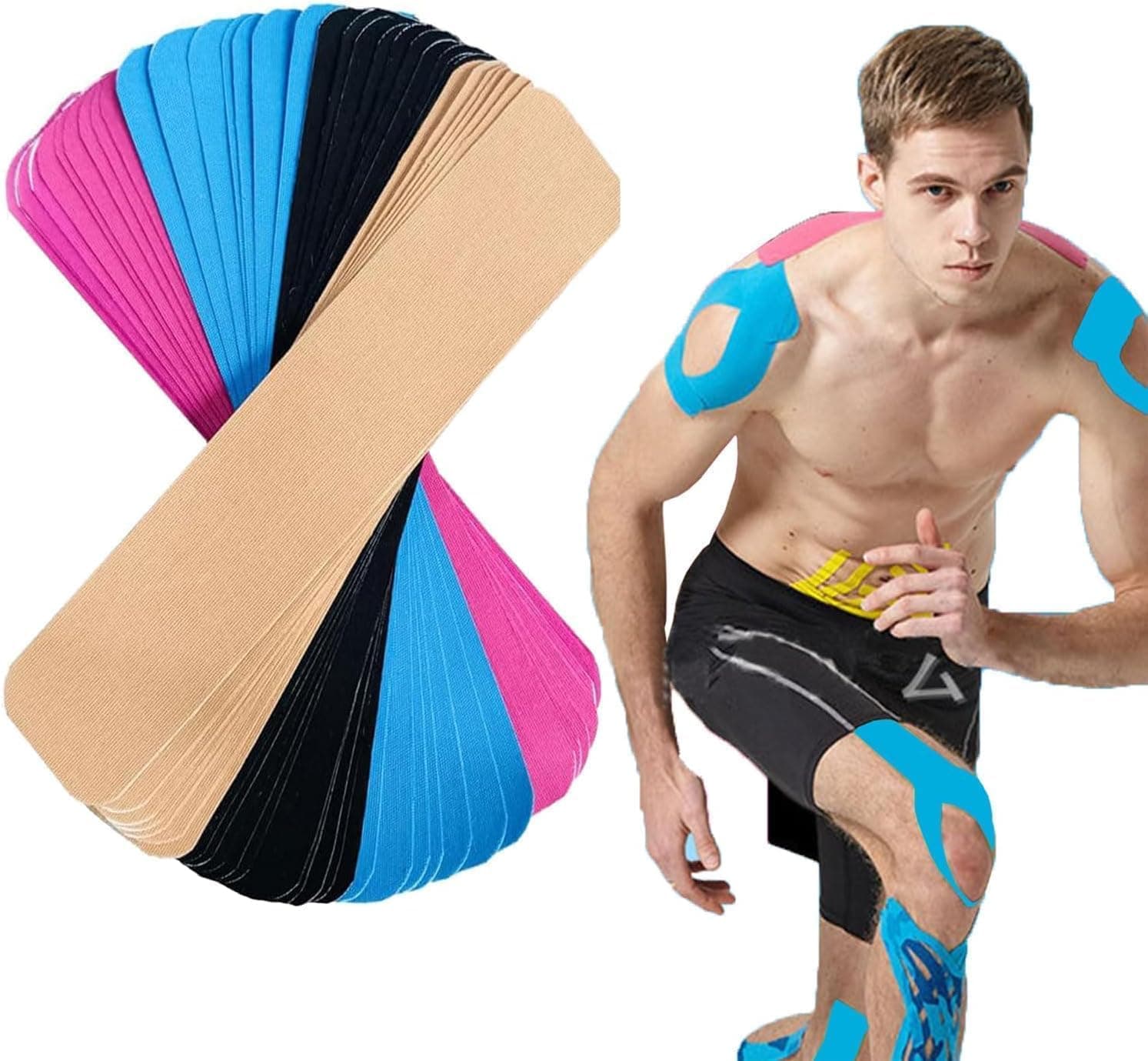40PCS Precut Kinesiology Tape Strips, 4 Colors 2 inch x 10 inch Cotton Athletic Tape, Kinetic Tape, Elastic Muscle Tape, Sports Tape, Knee Tape for Exercise and Daily Use(Mix-4)