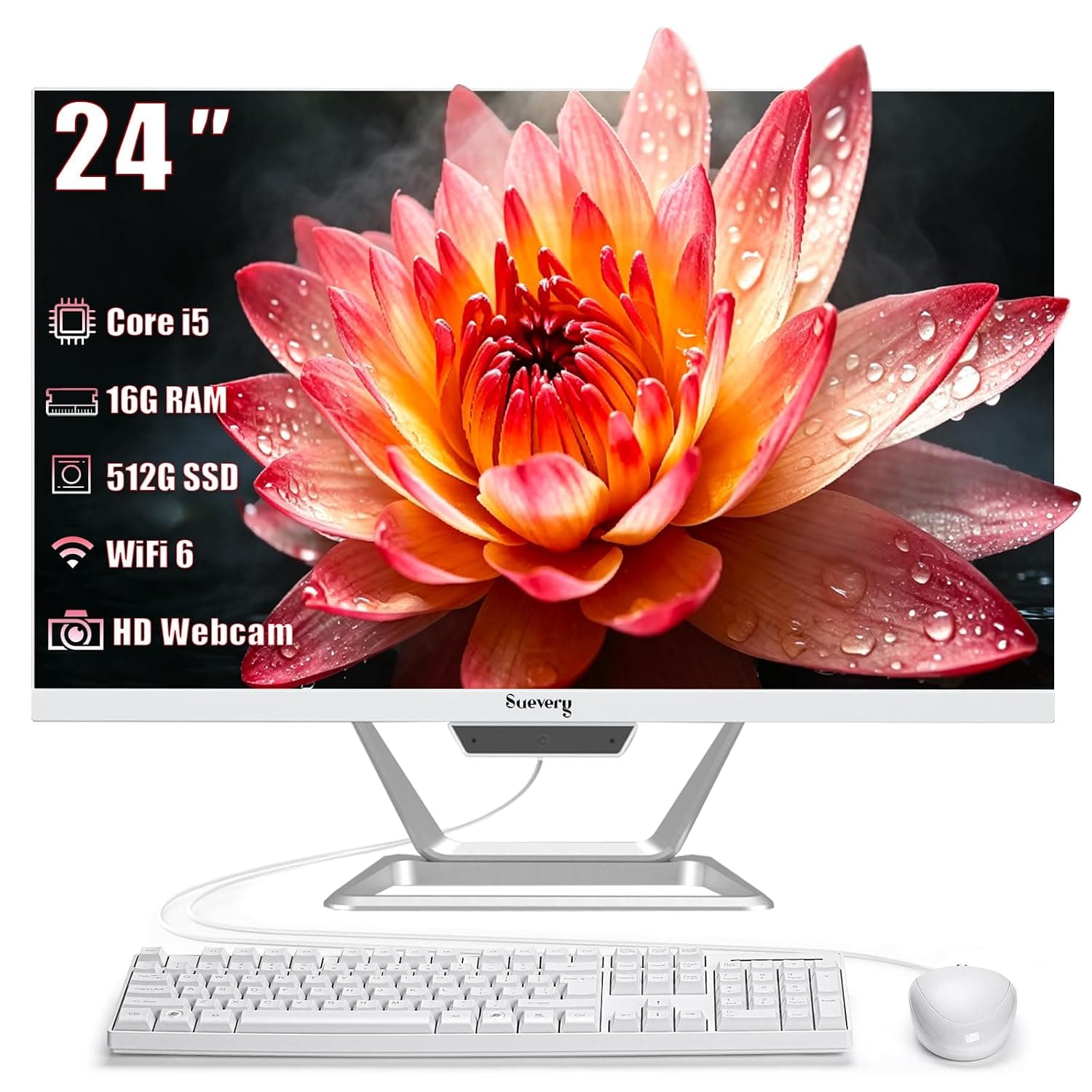 Suevery All-in-One Computer Computer for Home & Office | Core i5 16GB RAM 512GB SSD | All-in-One Gaming PC 23.8" 1080P | HD Webcam WiFi 6 Business AIO with