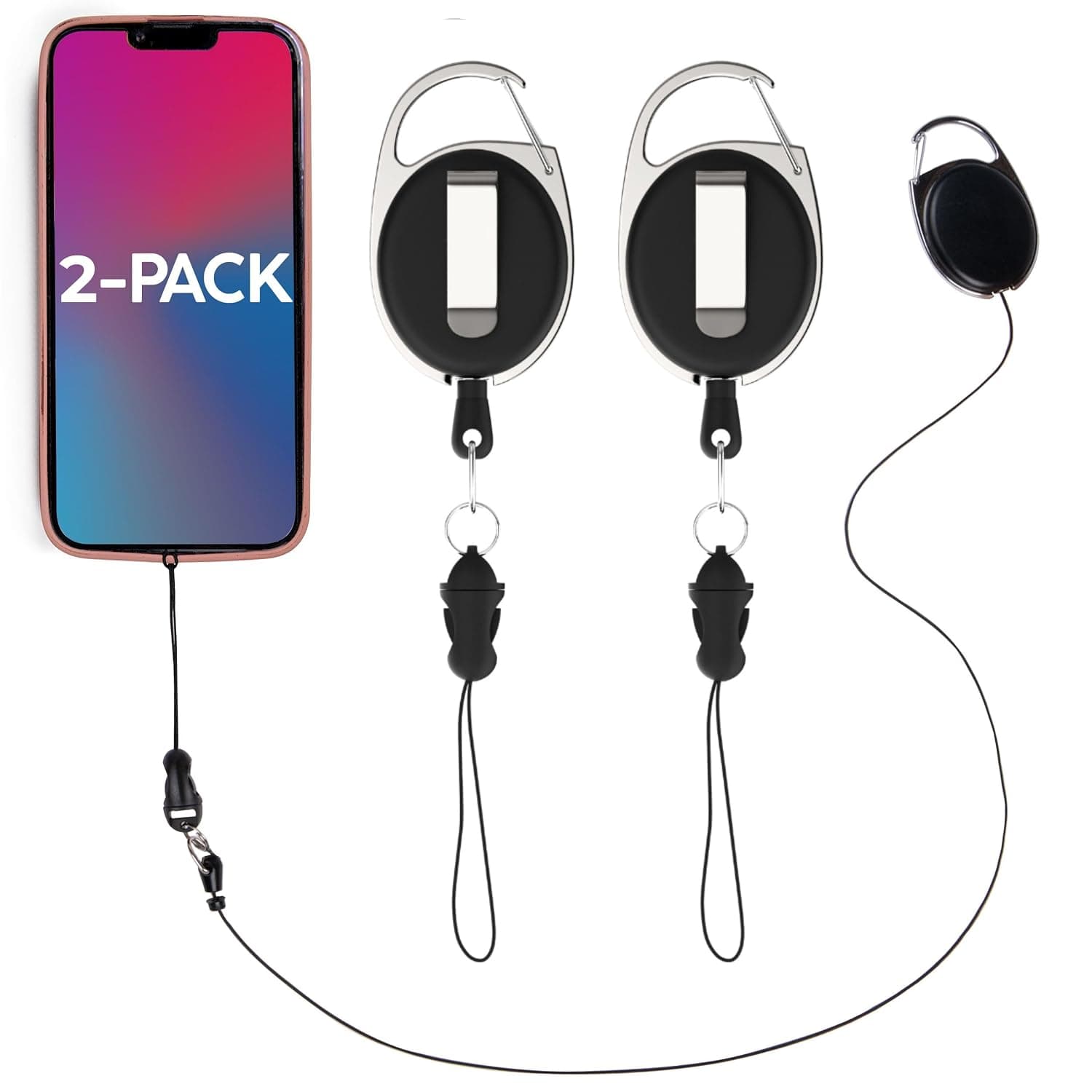 Phone Assured - Retractable Smartphone Safety Leash and Clip | Anti- Drop- Anti-Theft - Anti-Damage (Black, Pack of 2)
