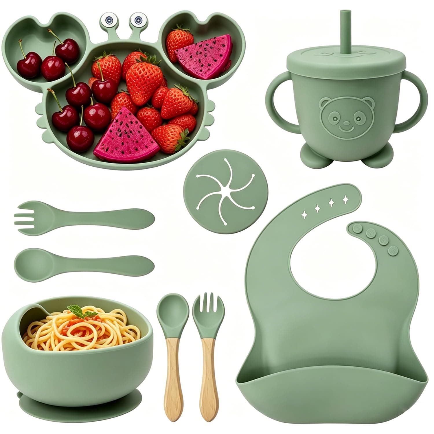 LinJie Silicone Baby Feeding Set, Baby Led Weaning Supplies, Baby Tableware Set with Suction Bowl, Divided Plate, Sippy Cup, Forks, Spoons, Adjustable Bib, BPA Free Toddler Feeding Utensils