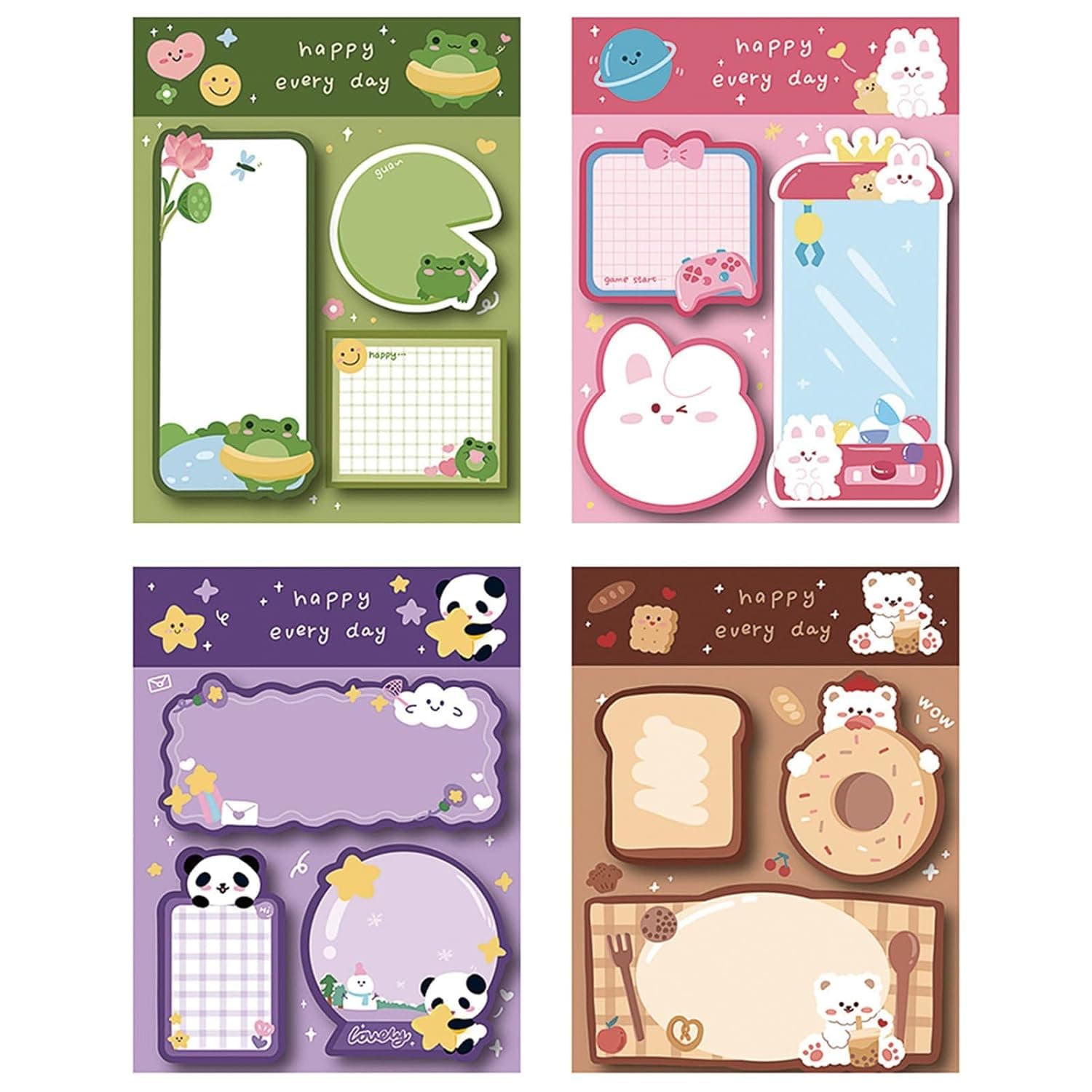 4 Pack Cute Cartoon Animal Sticky Notes, Kawaii Self-Stick Memo Pads, Small Adhesive Notepads for Office & School Supplies