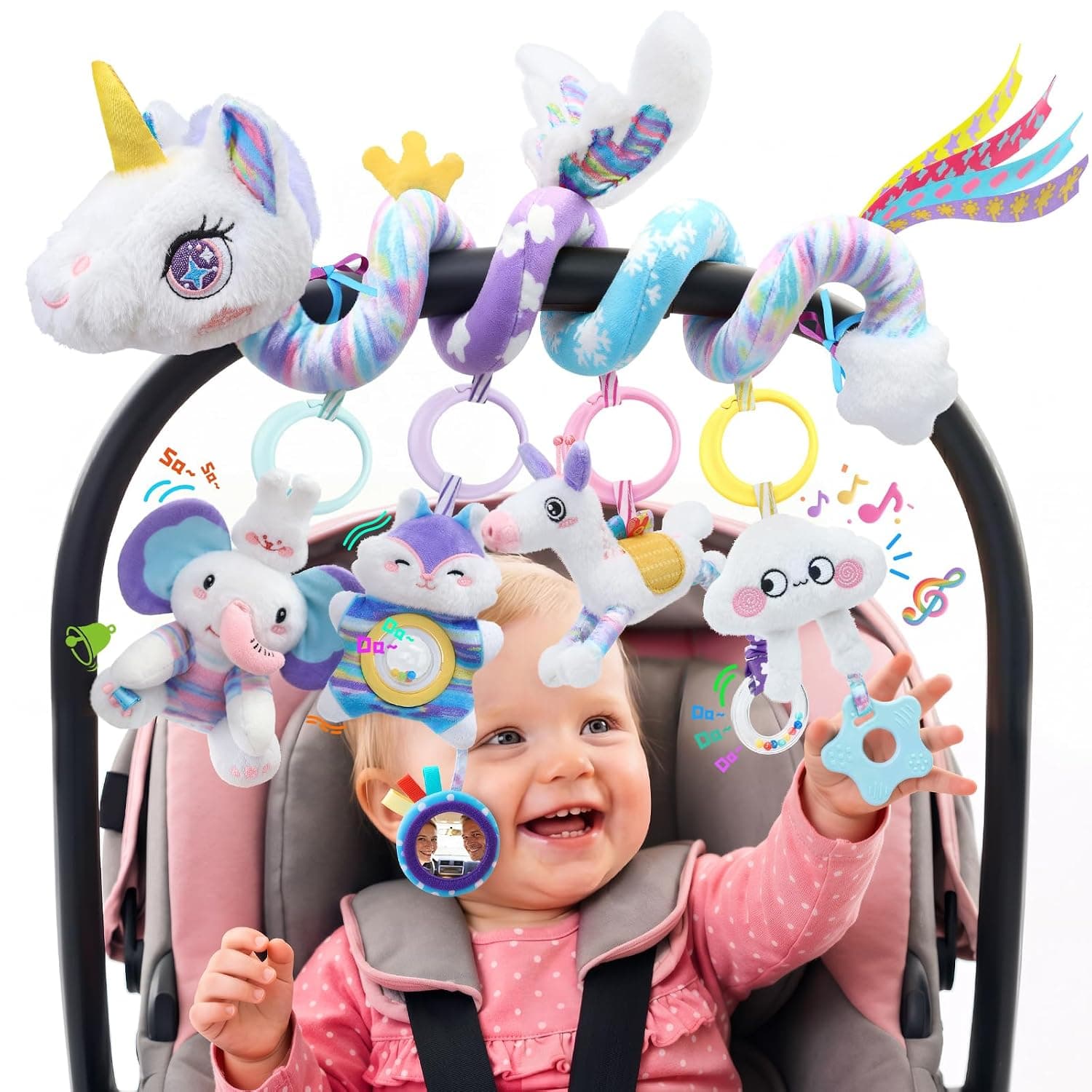 Car Seat Toys for Babies 0-6 Months, Unicorn Carseat Toys Hanging Baby Car Seat Toys, Stroller Toys with Music Rattle, Sensory Hanging Toys for Newborn Infant Crib, Gift