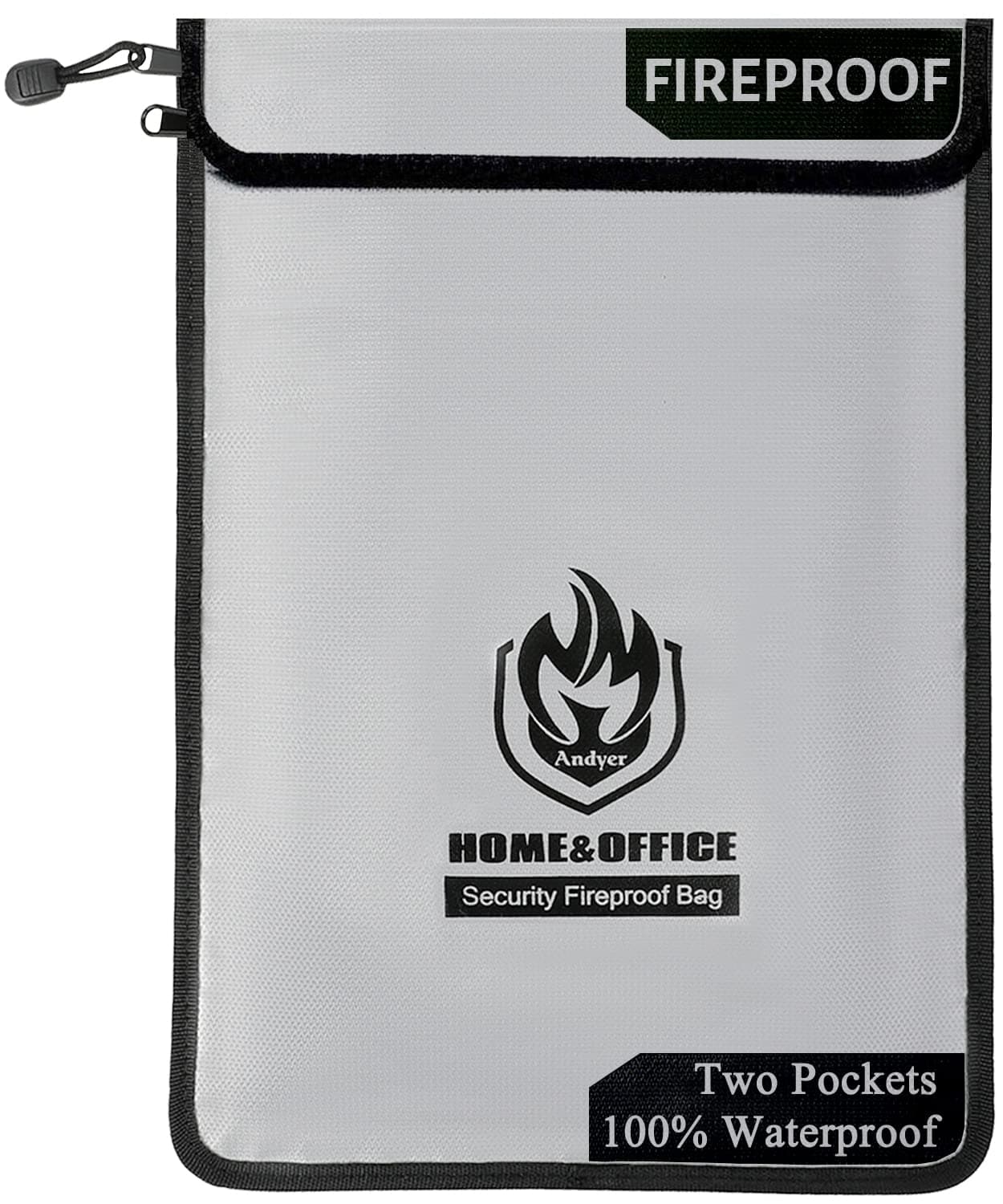 andyer Upgraded Two Pockets Fireproof Document Bag (2000℉), 15”x 11”Waterproof and Fireproof Money Bag with Zipper, Fire Safe Storage for Valuables,Money,Jewelry,Legal Documents,File and Tablet