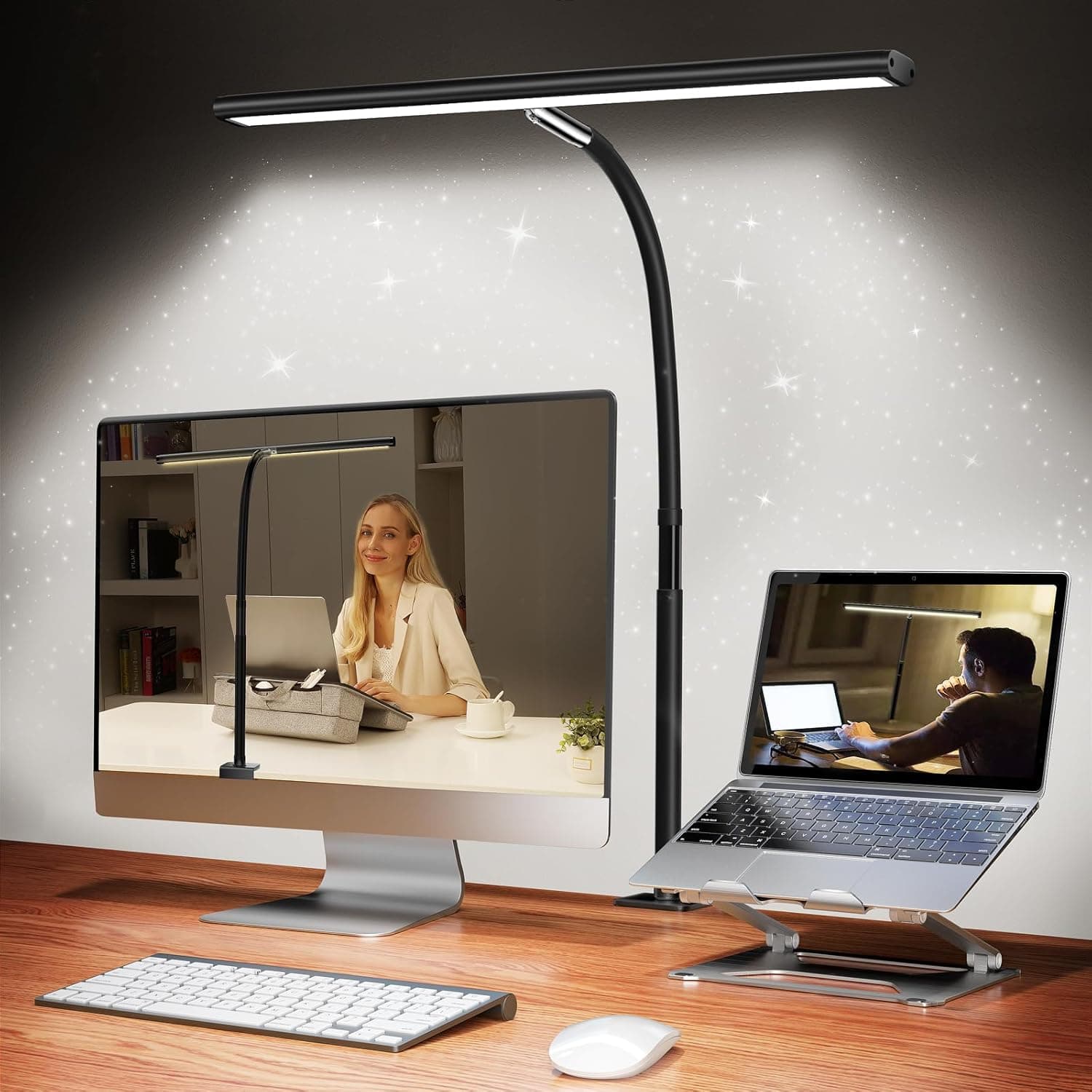 Airlonv LED Desk Lamp for Office Home, Eye-Caring Desk Light with Stepless Dimming Multi-Lighting Modes Adjustable Flexible Gooseneck, USB Adapter Clamp Light for Reading, Study, Workbench (Black)