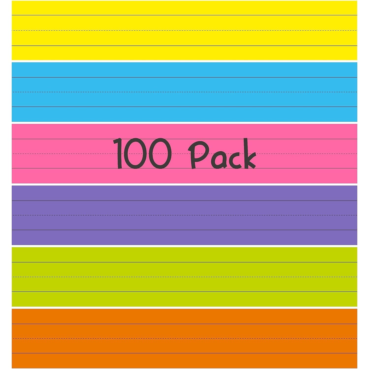 100 Pack Sentence Strips, Ruled Sentence Strip Lined Paper for Handwriting Practice Learning Tool Classroom School, Office Supplies (6 Assorted Colors, 17” x 3”)