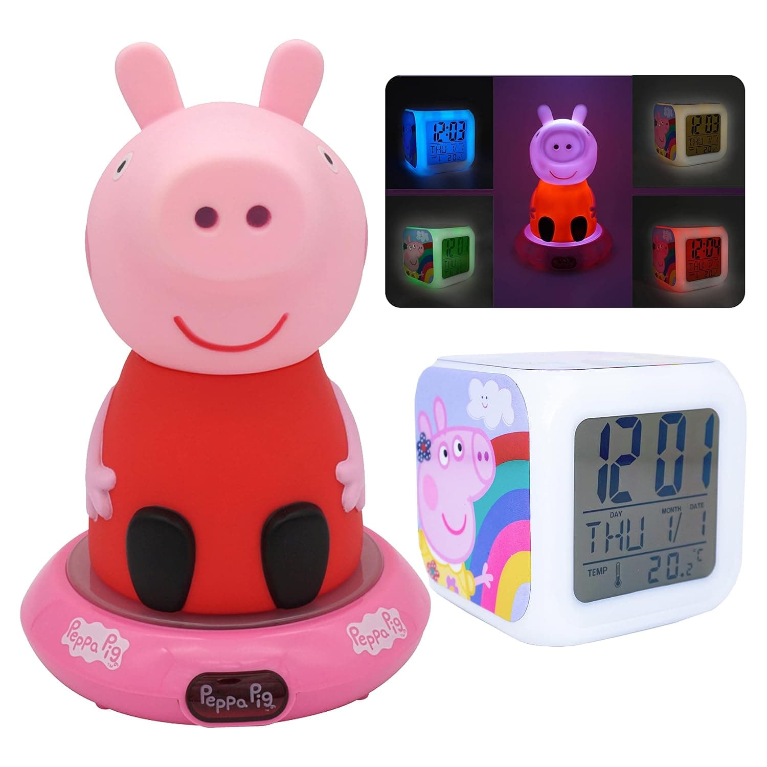 HOVUK Night Lights Kids 2Pk Set, 3D Bedside Night Light and Cube Alarm Clock for Kids, Color Changing Alarm Clock for Bedroom Decor (Peppa-Pig)