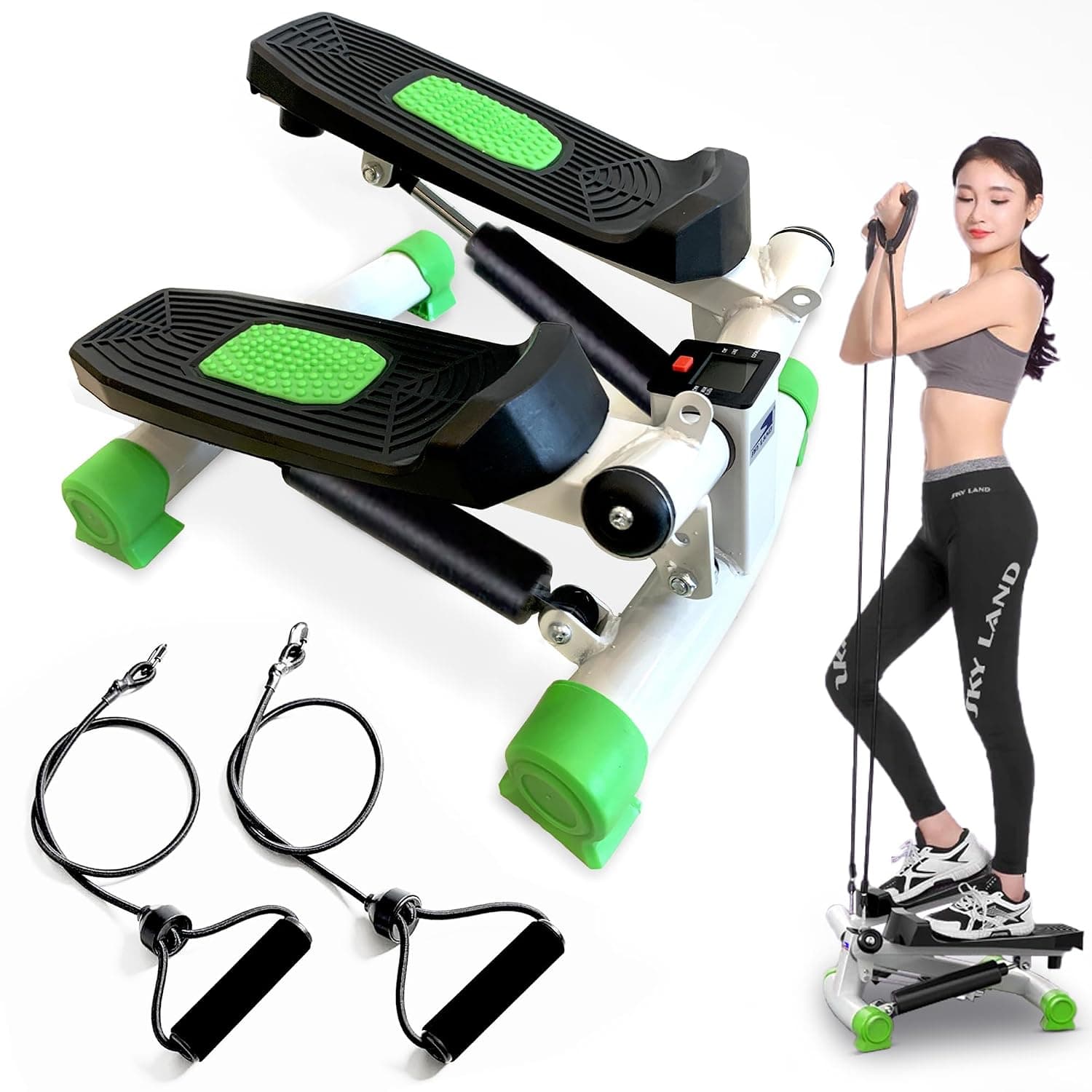 SKY LAND Mini Stepper for Exercise | Compact Stair Step Machine with LCD Display, Dual Resistance Bands & Rope | Full Body Cardio Workout Equipment for Home & Office Fitness EM-2182
