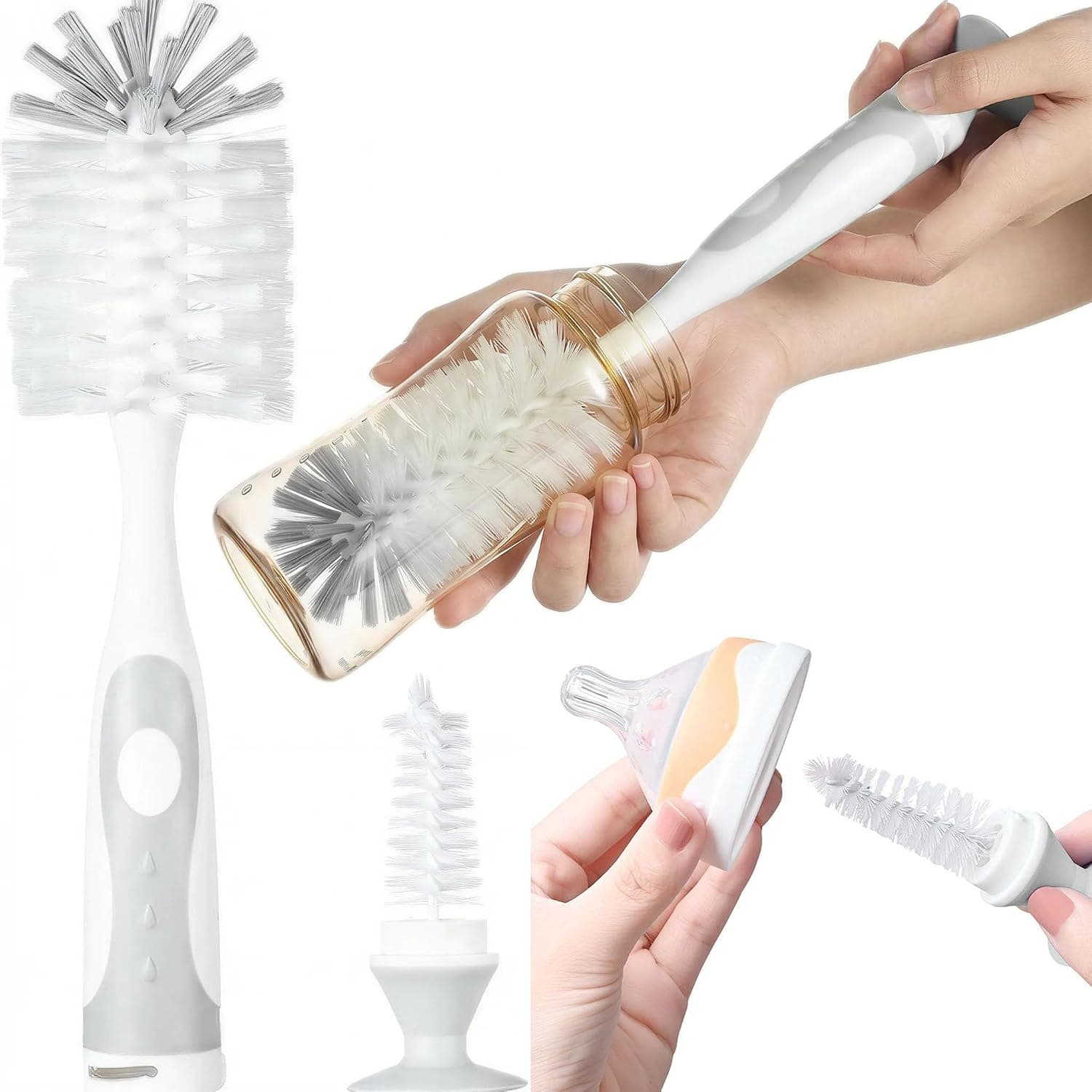 ToolHouse Grey Bottle Brush Cleaning Set, Long Handle Rotating Baby Bottle Cleaner Brush, Nipple Brush and Straw Cup Cleaner for Water Bottles and Tumblers, Cleaning Accessories for Kitchen