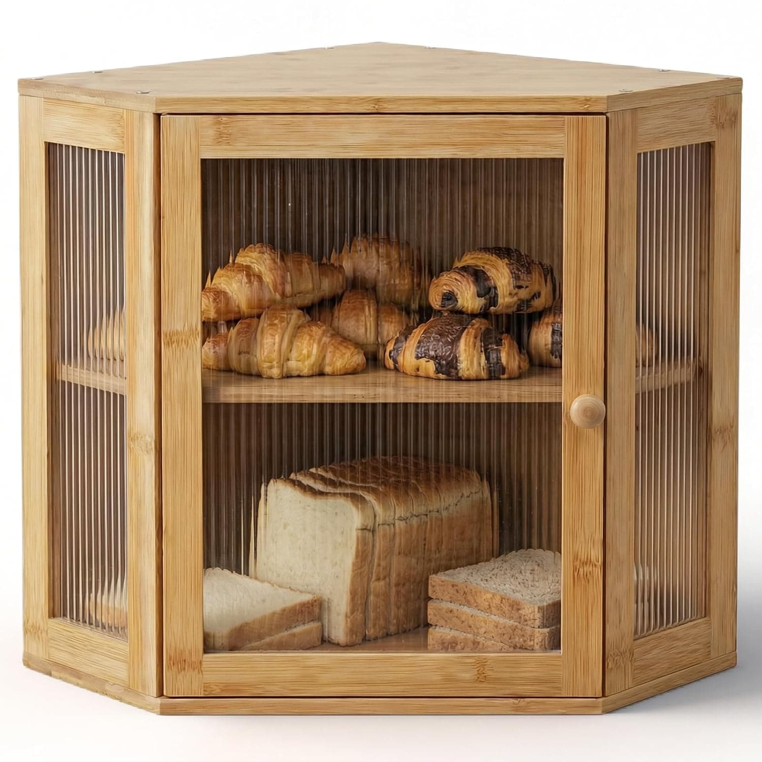 Corner Bread Box for Kitchen Countertop: Bamboo Storage Container for Homemade Bread, Two Layer Breadbox under Cabinet Mount, Large Bread Holder for Kitchen Counter, Pantry Shelf