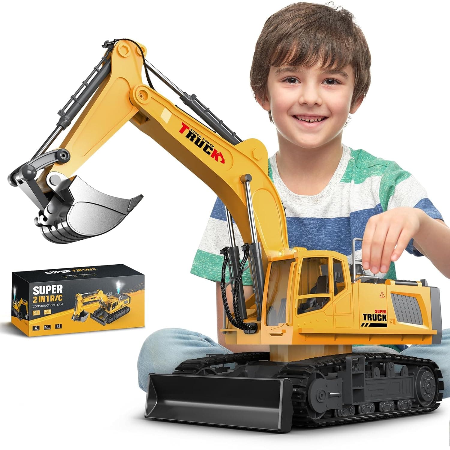 21" Large Remote Control Excavator Toy with Metal Bucket & Dozer Blade, 15-Channel RC Excavator Toys for Boys 6+ Kids Adults Construction Vehicles Christmas Birthday Gift, 120+Mins/Spray/Sound/Light