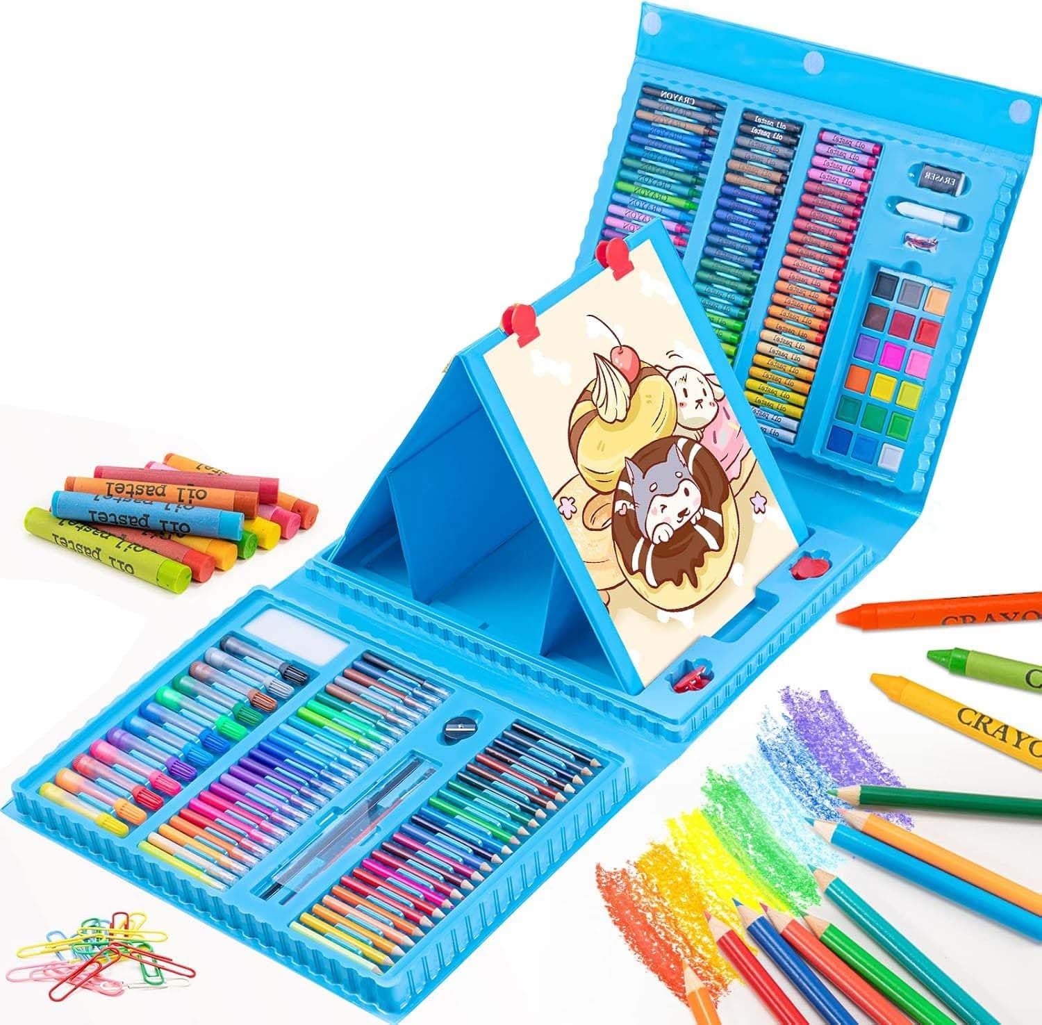 AUTOYSUR 208 PCS Art Supplies, Art Supplies Drawing Kits, Arts and Crafts Gifts Box with Double Sided Trifold Easel, Oil Pastels, Crayons, Colored Pencils for Kids Teen Girls Boys (B)