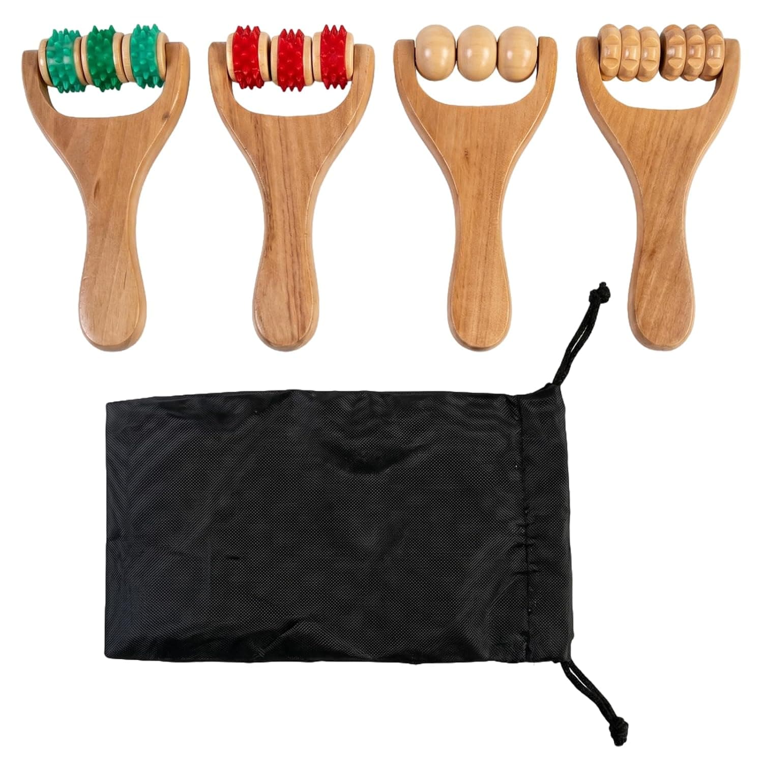 Pack of 4 Wooden Massage Roller with Handle for Full Body Relaxation for Back, Legs and Arms with Storage Bag Promotes Blood Circulation Reduces Cellulite Portable and Skin Friendly