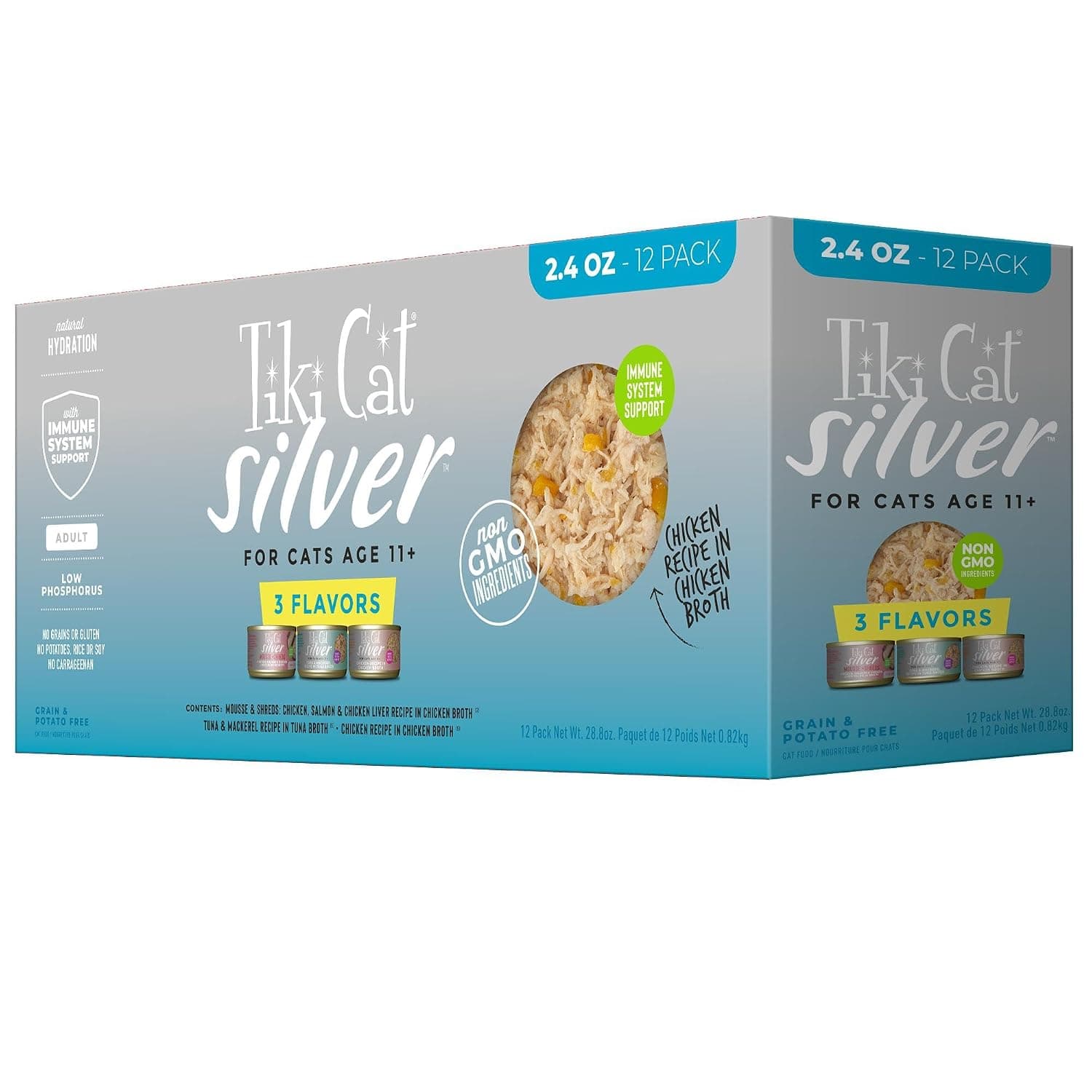 Tiki Cat Silver Wet Cat Food, Variety Pack, Senior, 2.4 oz. Cans, 12 Count | Wet Cat Food for Senior Cats Age 11+, Shreds, Immune System Support, High Protein to Maintain Muscle Mass, Variety, 12 Count