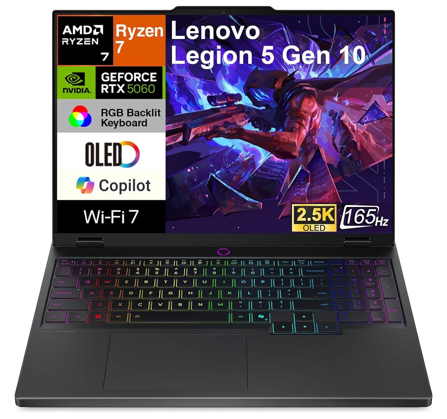Lenovo Legion 5 Gen 10 AI Gaming Laptop 15.1" OLED WQXGA (2560x1600) 165Hz Display (AMD Ryzen 7 260 (Beats i7-14700), 16GB DDR5, 1TB SSD, GeForce RTX 5060, RGB KB, WiFi 7, Webcam, BT 5.4, Win 11 Pro)