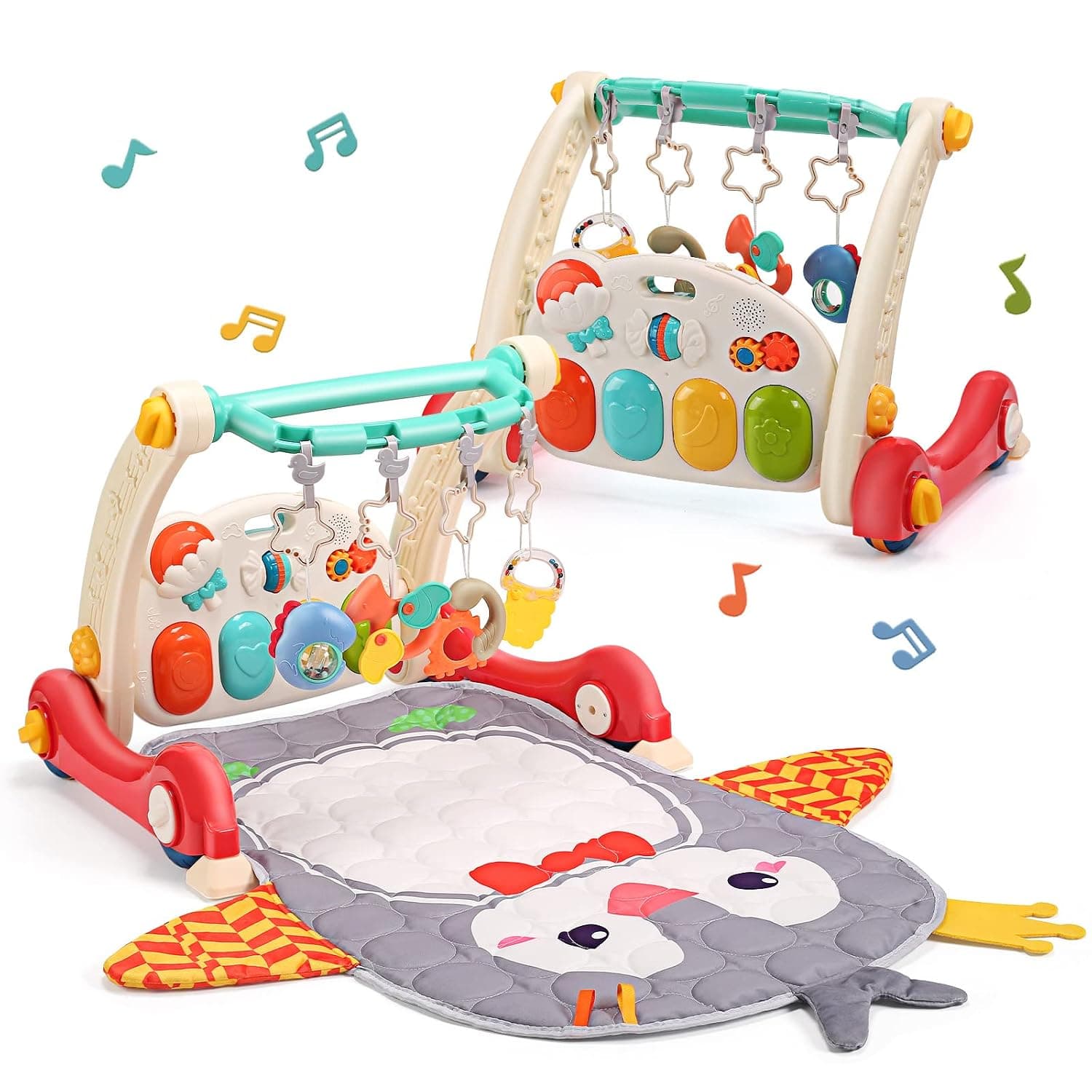 Cute Stone Baby Gym Play Mat & Learning Walker - Activity Center With Piano, Lights, and Music for Infant and Toddler Tummy Time | Baby Mat with Play Piano, Musical Activity Center with Lights, Baby Push Toy for Infant Newborn Toddlers