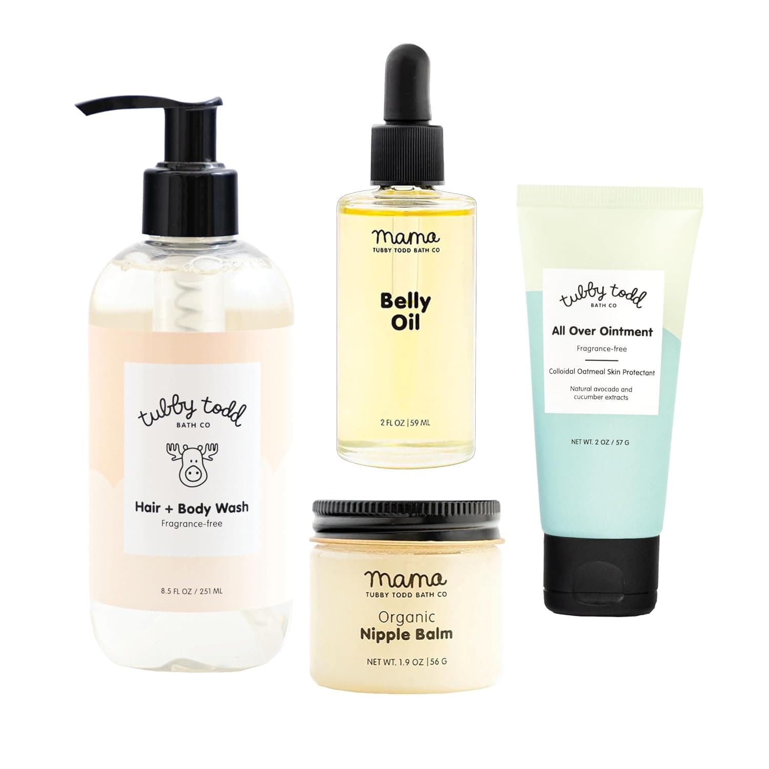 TUBBY TODD New Baby and Mom Skincare Kit, The Mama Gift Set | 8.5 oz Baby Shampoo and Body Wash, 2 oz All Over Ointment, 2 fl oz Belly Oil & 1.9 oz Balm, Fragrance-Free