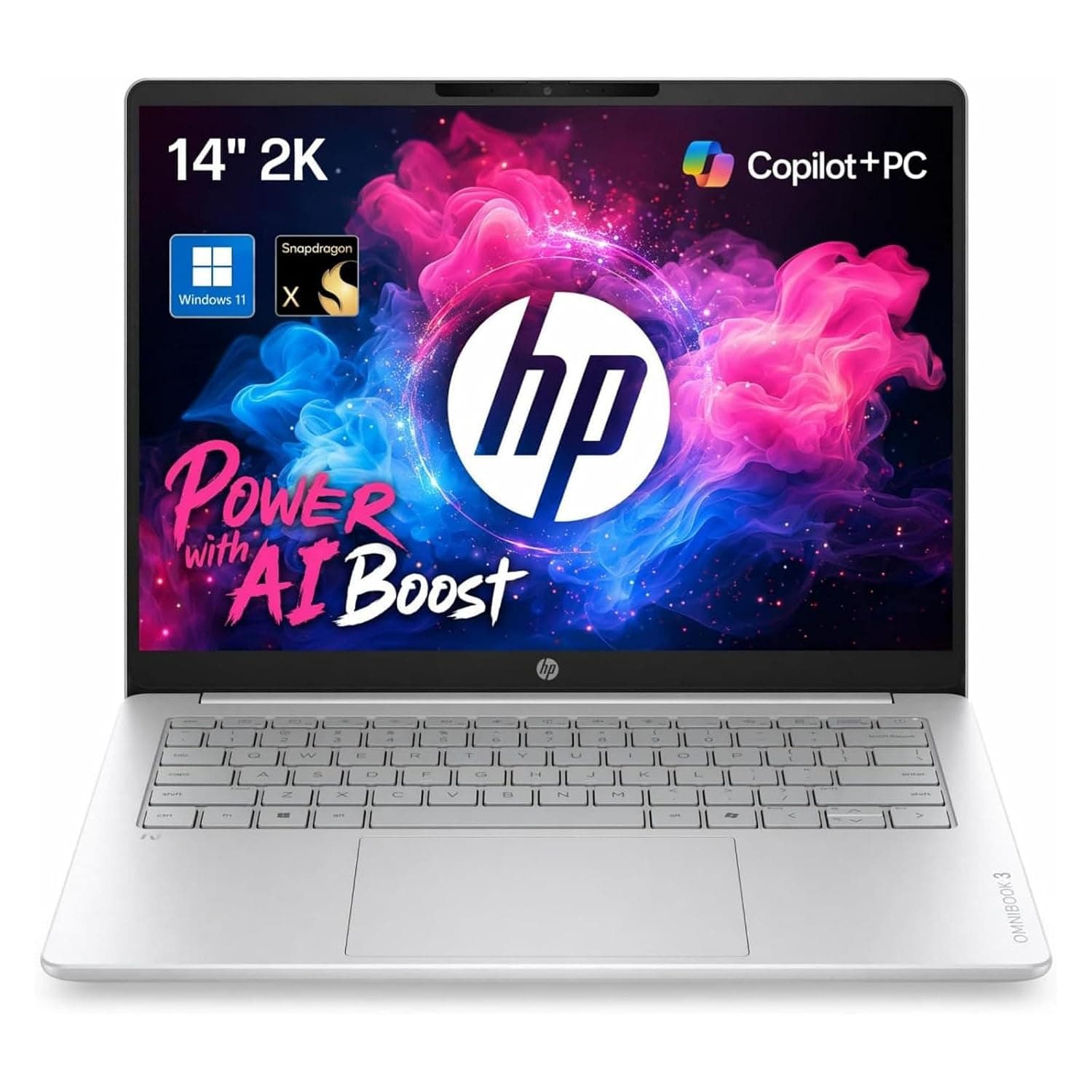 HP OmniBook 3 14" Next Gen AI PC, 2K (1920 x 1200) Display, Snapdragon X X1-26-100, 16GB RAM, 512GB SSD, Qualcomm Adreno GPU, Windows 11 Home, Glacier Silver, EAT Cloth