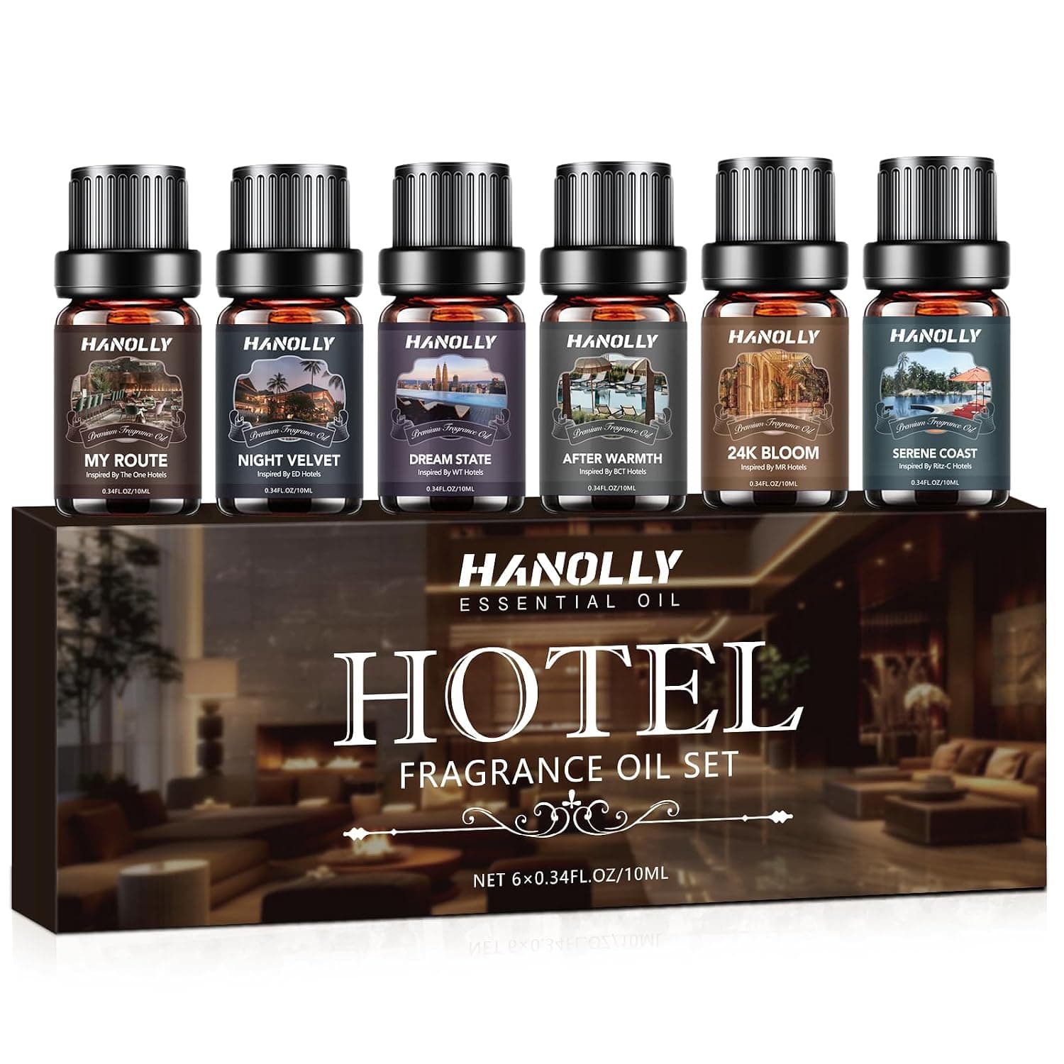 Hotel Diffuser Oils Gift Set - 6x10ML Luxury Hotel Scent Essential Oils Set for Diffuser, Candle Making - Premium Fragrance Oil, My Way, Ember, Dream On, Serene Coast, Midnight Velvet, Golden Bloom