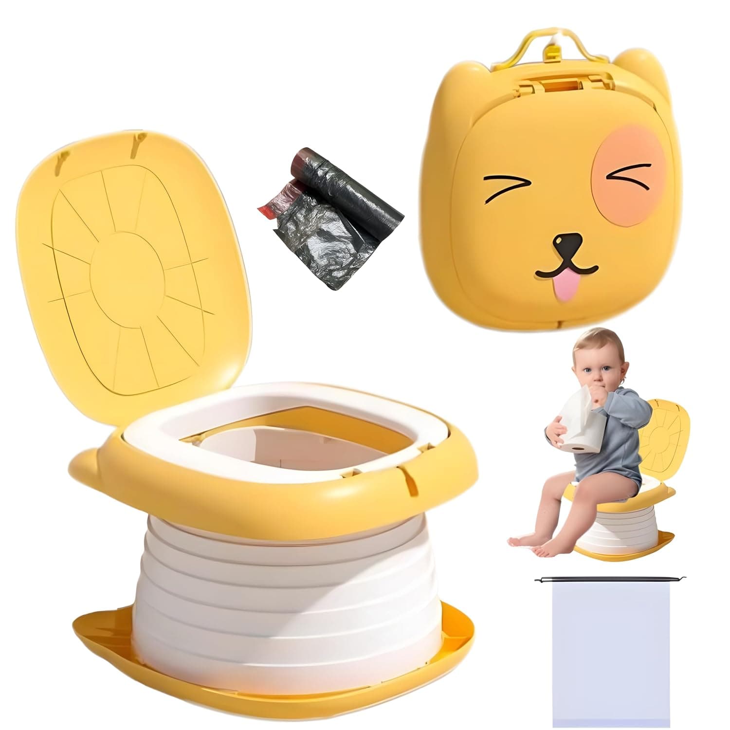 Foldable Potty, Portable Potty for Toddler Travel - Portable Toilet for Kids, Car Potty for Emergency, Ideal for Camping, Indoor & Outdoor Use with 15 Replacement Bags (yellow)