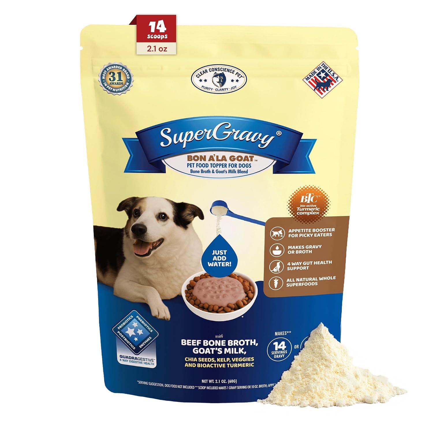 CLEAR CONSCIENCE PET® Bon A' La Goat™ SuperGravy® Natural Dog Food Gravy Topper, Hydration Broth Mix, Gluten and Grain Free Kibble Seasoning Powder Topper for Picky Eaters (2.1 oz. (14 Scoop))