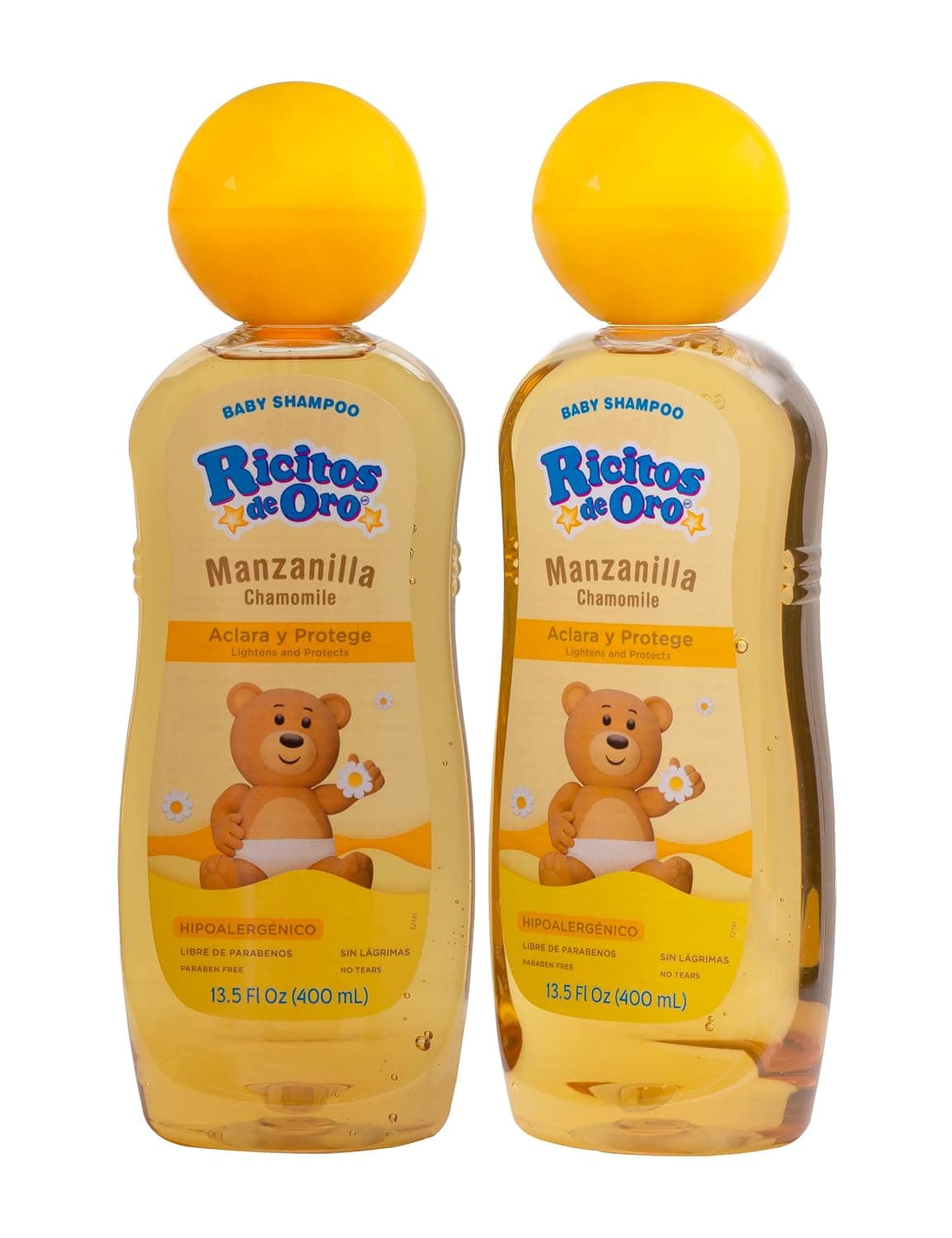 Ricitos de Oro, Baby Shampoo Cleansing Conditioning and Lightening Baby Shampoo with Chamomile Extract Lightens Naturally ParabenFree Hypoallergenic 2Pack of 13.5 FL Oz Bottles, amber, 2 Count