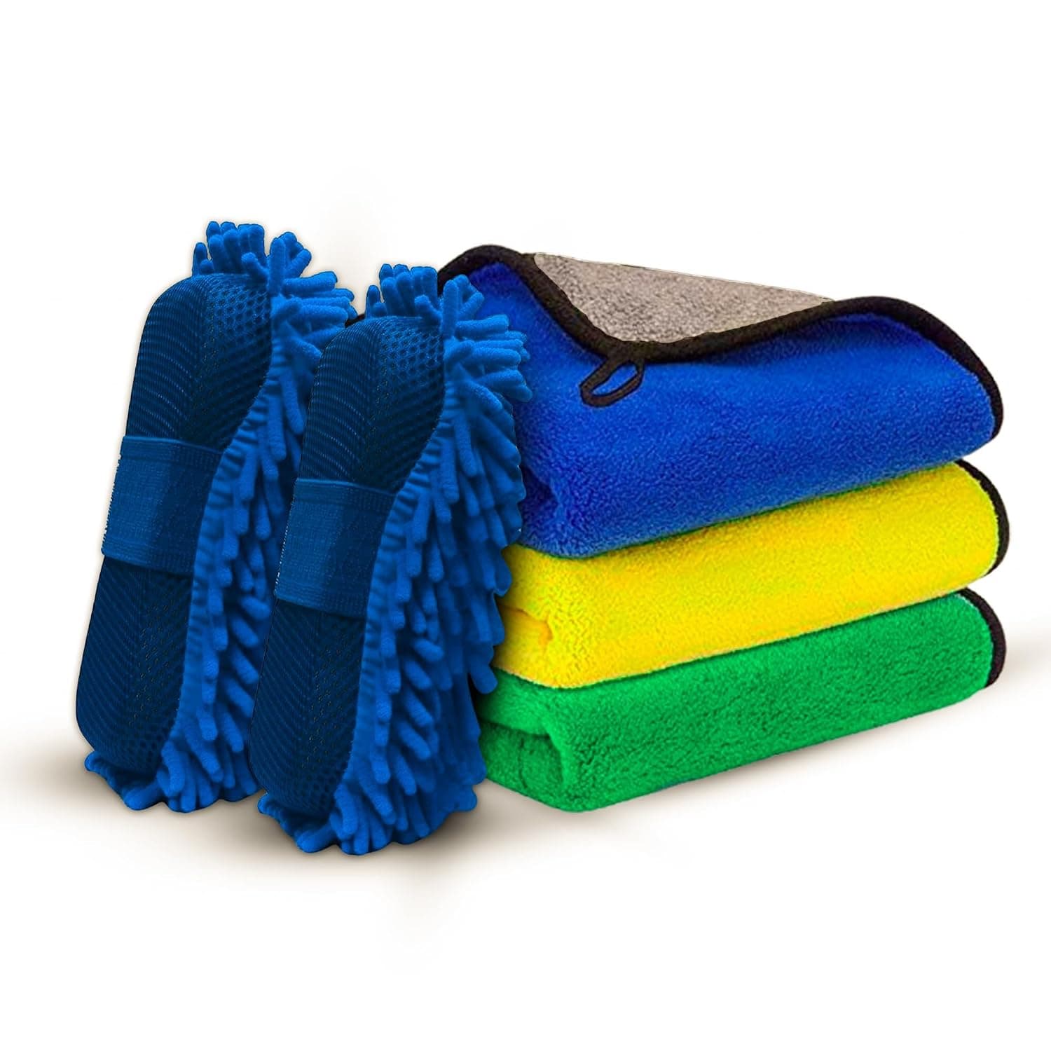 Microfibre Car Drying Towels with Chenille Sponge Mitts, Highly Absorbent, Quick Drying, Scratch-free, 5 Piece Set