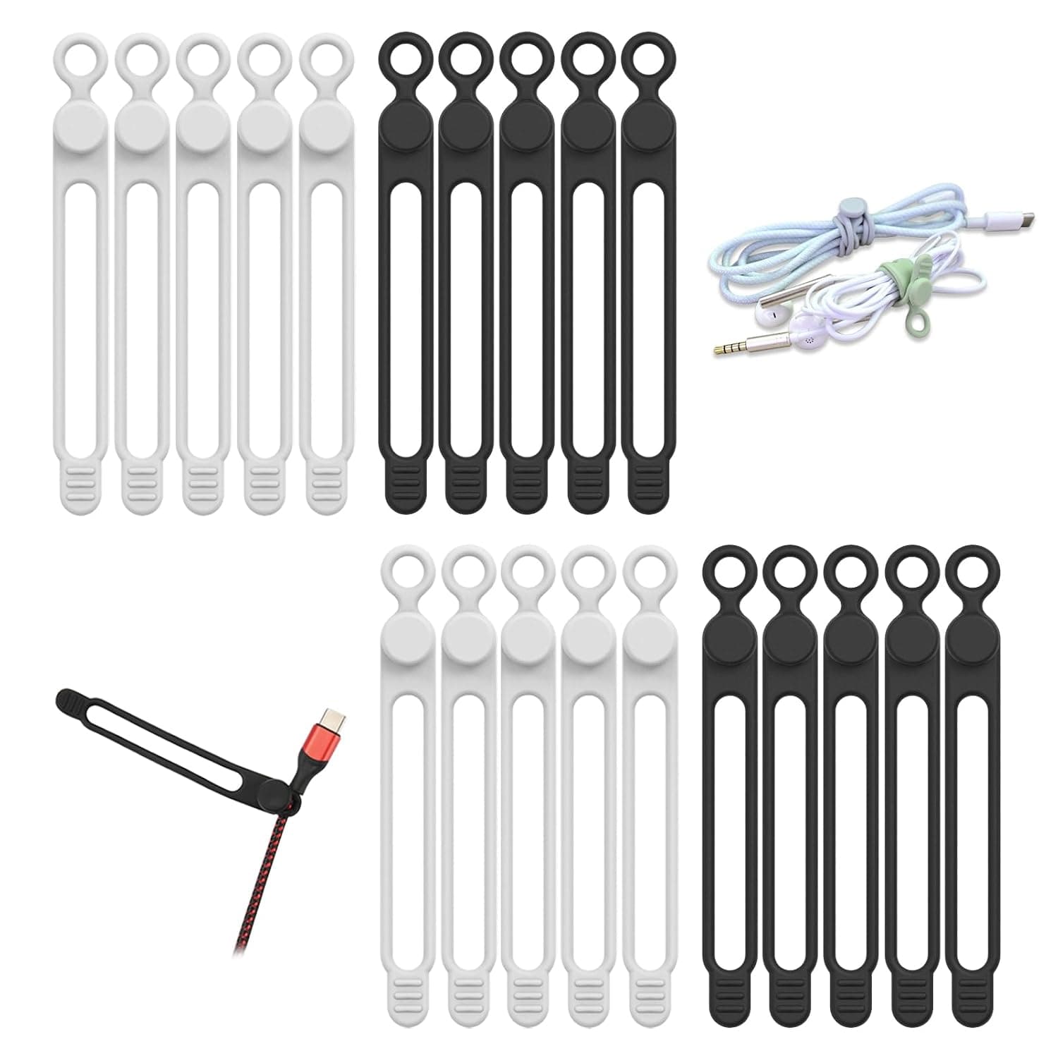 UMUST 20pcs Silicone Cable Ties,Reusable Cable Management Organizer, Wire Ties,Travel Cord Ties,Cord Organizer for Bundling Cable Cords in Home,Office,Kitchen,School(White Black)