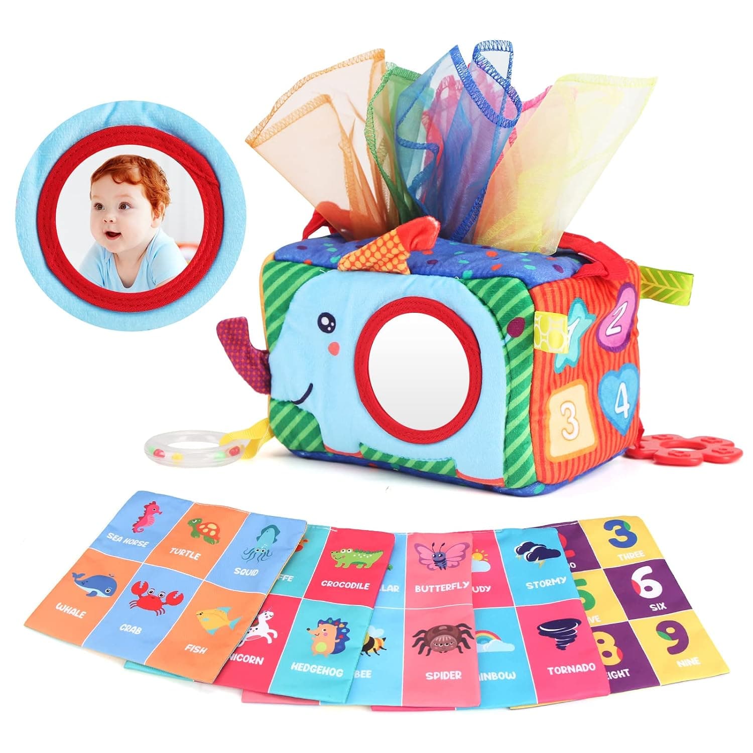 My First Tissue Box with Tummy Time Mirror, Soft Stuffed Montessori Toy Baby Infants Newborns Kids Educational Preschool Learning 3-6-9-12 Months Development STEM Gift