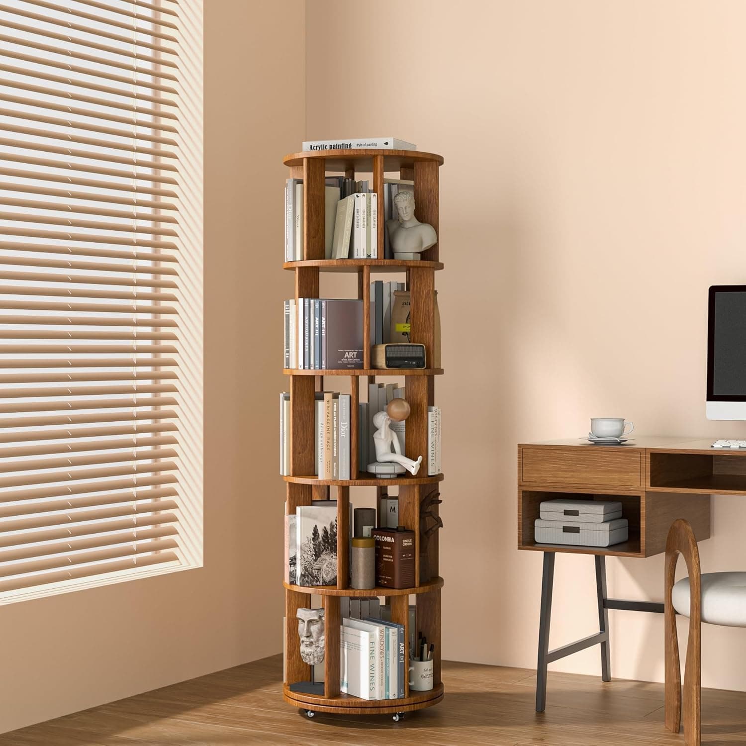 5-Tier Rotating Bookshelf with Wheels - 360° Spinning Tower, Round Revolving Bookcase for Small Spaces, Corners, Bedrooms, Kids Rooms & Offices, Walnut Finish