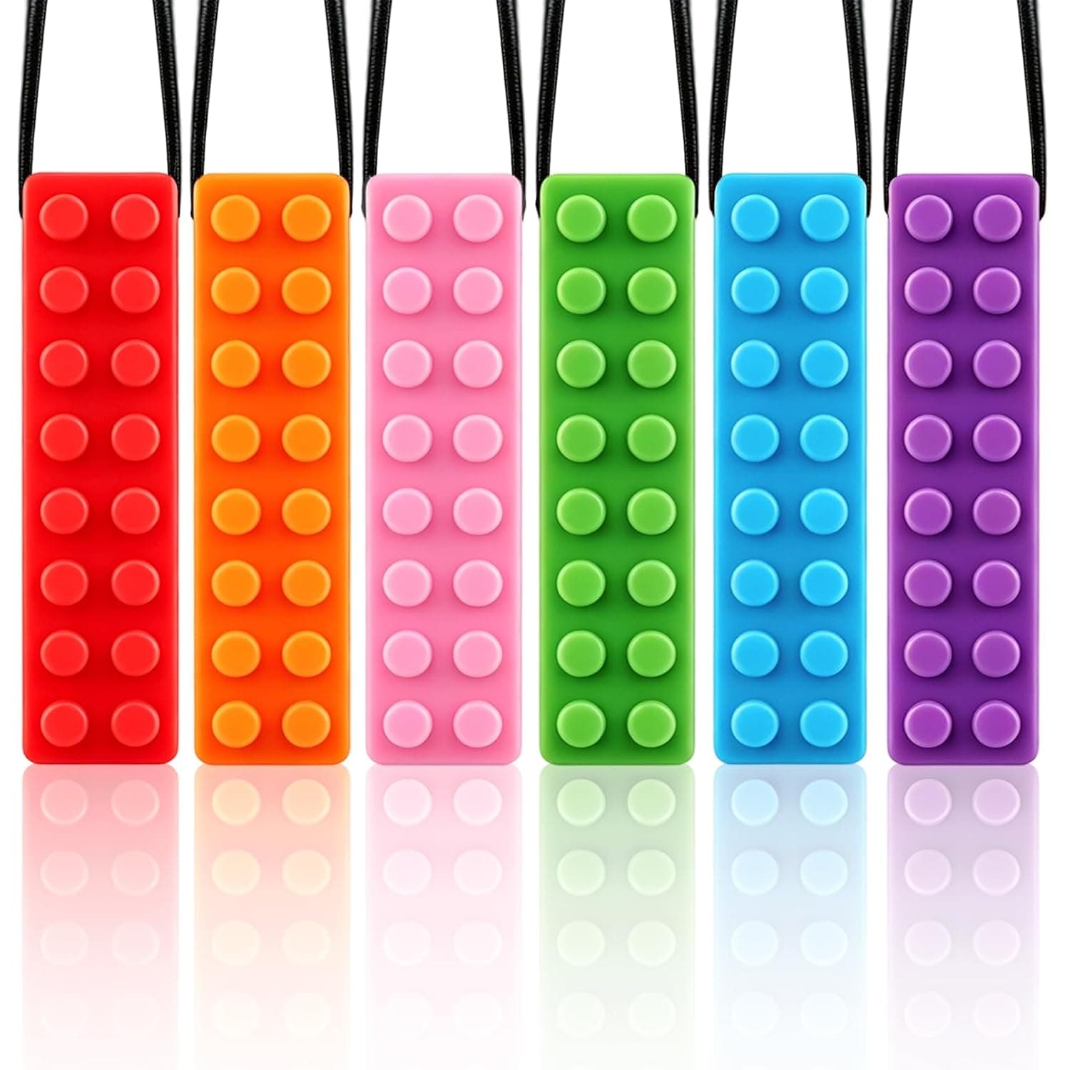 Chew Necklace for Sensory Kids Food Grade Silicone Chew Toys Oral Motor Teether Anxiety Stress Relief Textured Brick Shape for Boys and Girls with Autism, ADHD, SPD, Biting Needs, 6 Pack