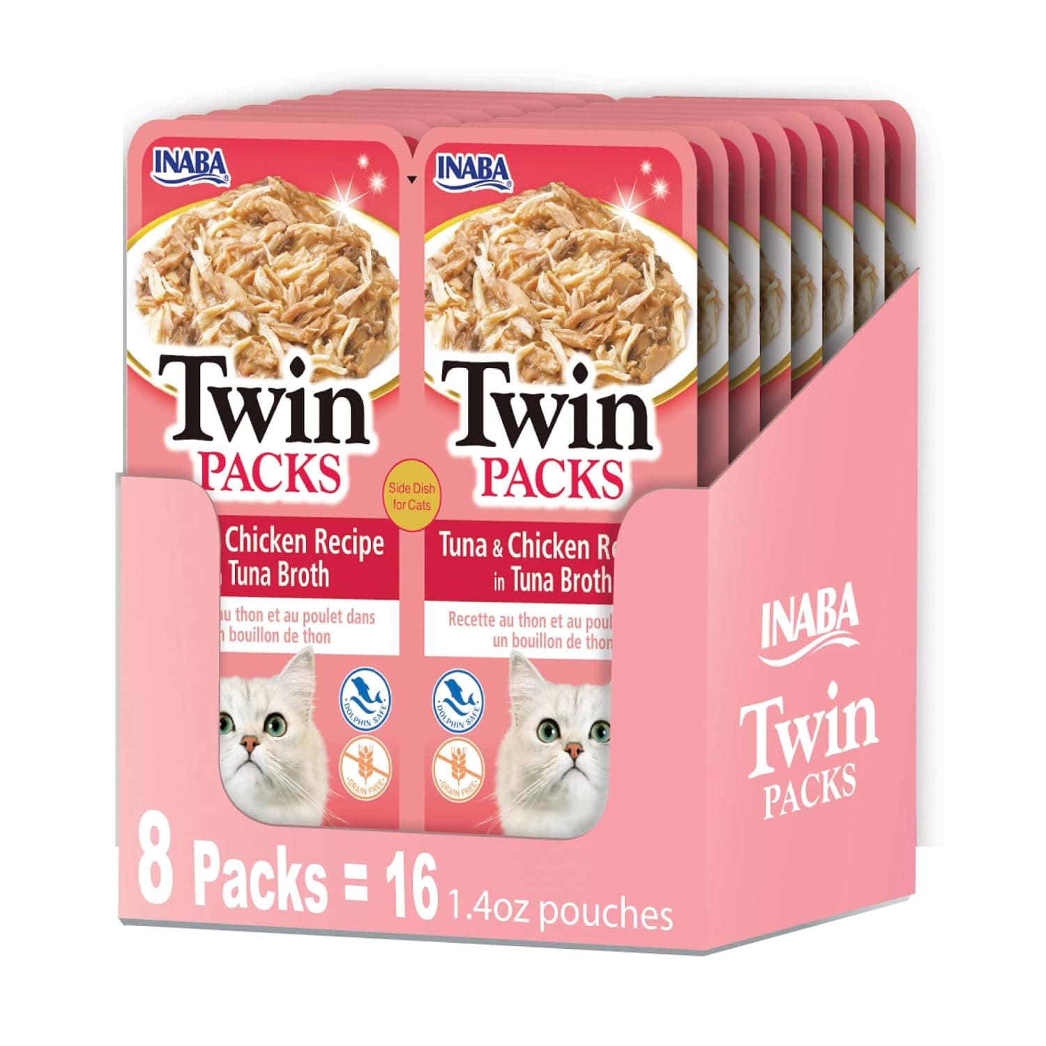 INABA Twin Packs for Cats, Shredded Chicken & Broth Gelée Side Dish/Topper Pouch, 1.4 Ounces per Serving, 16 Servings, Tuna & Chicken Recipe in Tuna Broth