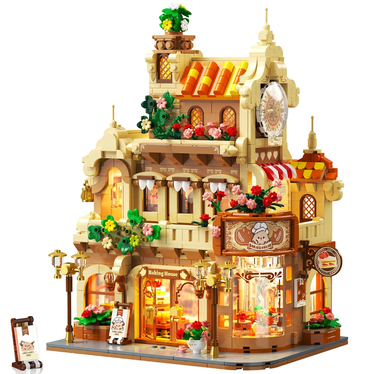 PLAXSOON Flower Bakery Coffee House Building Set with Lights for Girls 12+ | City Cafe Baking House Display Model Toy, 1289 PCS Modular Construction Building Block Kit Home Decor, Gift for Adults Teens