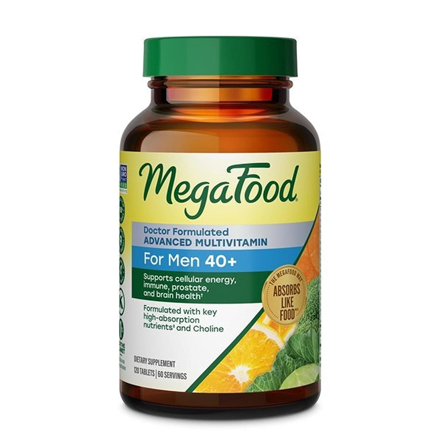 MegaFood Men's 40+ Advanced Multivitamin - Doctor-Formulated with Choline, B Vitamins, C, D, Zinc, Plus Real Food - Brain, Immune, Muscle, and Bone Support - Vegetarian - 120 Tabs (60 Servings)
