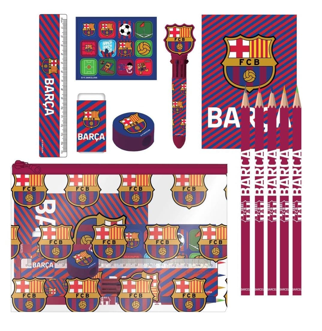 FC Barcelona Stationery Set for Boys and Girls 7 Piece Set with Pencils, Rubber, Sharpener, Ruler, Notebook and Multicoloured Eva Case, Officially Licensed Back to School Product