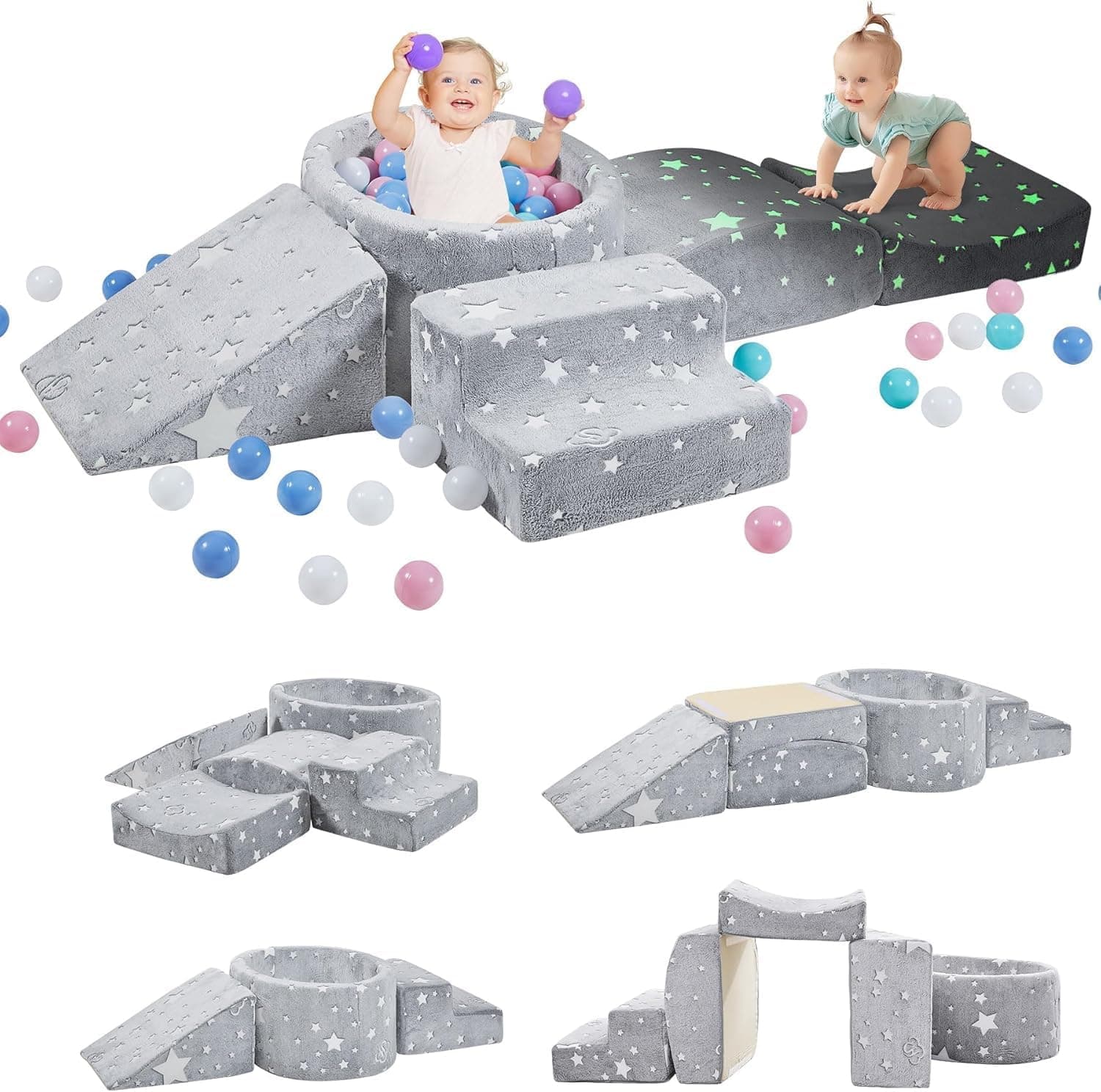 Foam Climbing Blocks with Ball Pit for Baby, Toddler Climbing Toys Designed for Toddlers, Great for Indoor Crawling Sliding Playing, Inside Foam Playground Set (Stars)