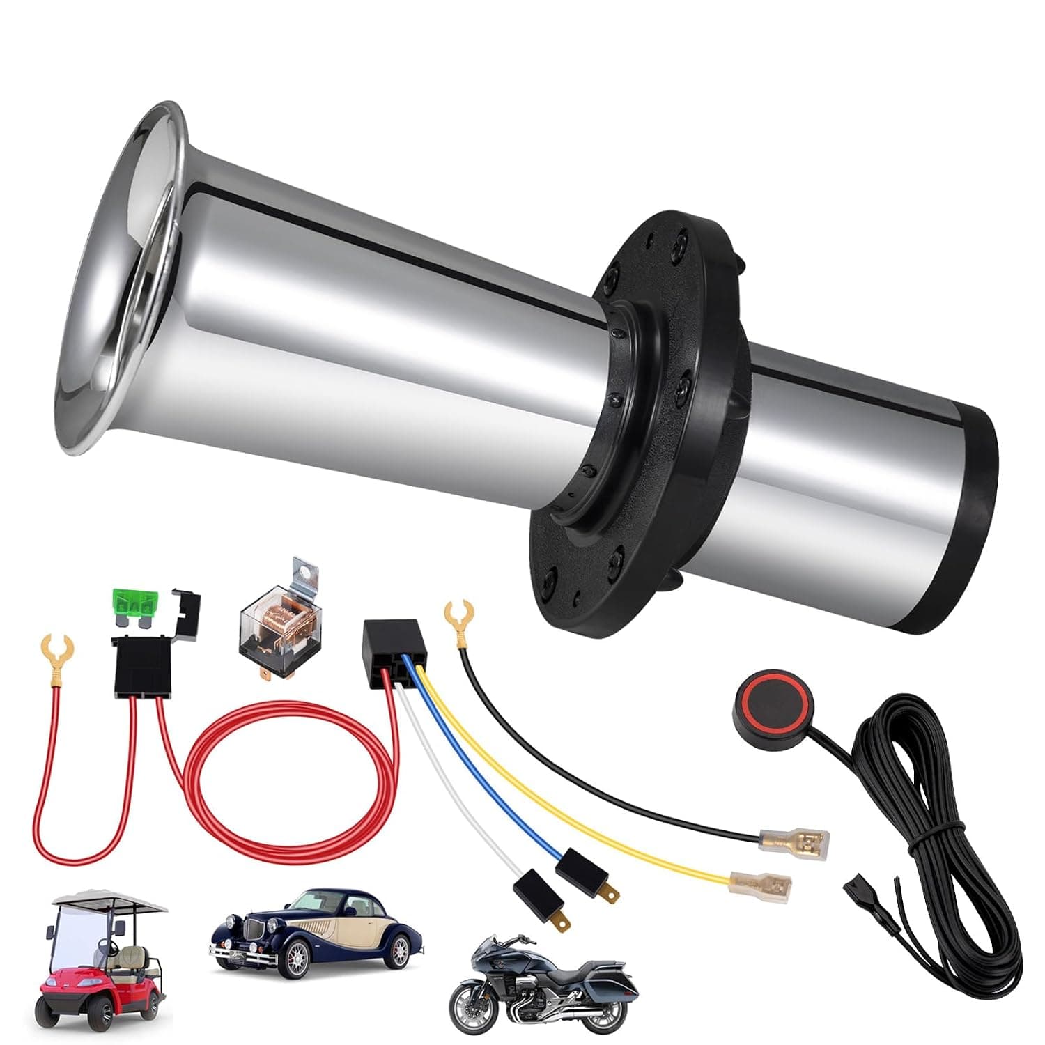 Ooga Horn 12V Kit, Antique Classic Car Hot Rod Aooga Ahooga Horn with Wire and Button, OOGA Air Horn Vintage Old Style School Horn for Truck Golf Cart Car | Switch & Relay Harness, Classic Ooga Sound, Compact & Easy to Install, Reliable Performance. Universal for All 12V Vehicles.