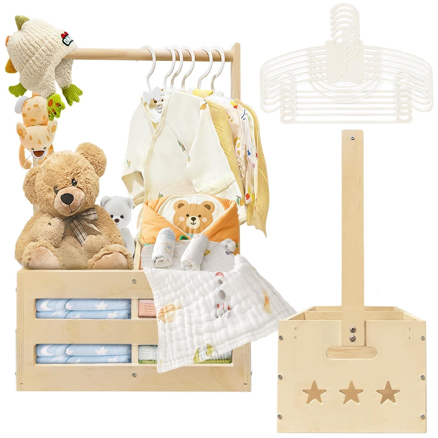 KASTWAVE Wooden Baby Shower Crate with Hangers & Dividers - Includes 6 Hangers, Wooden Basket Gift for Girls & Boys, Pregnancy Gift for New Moms and Parents