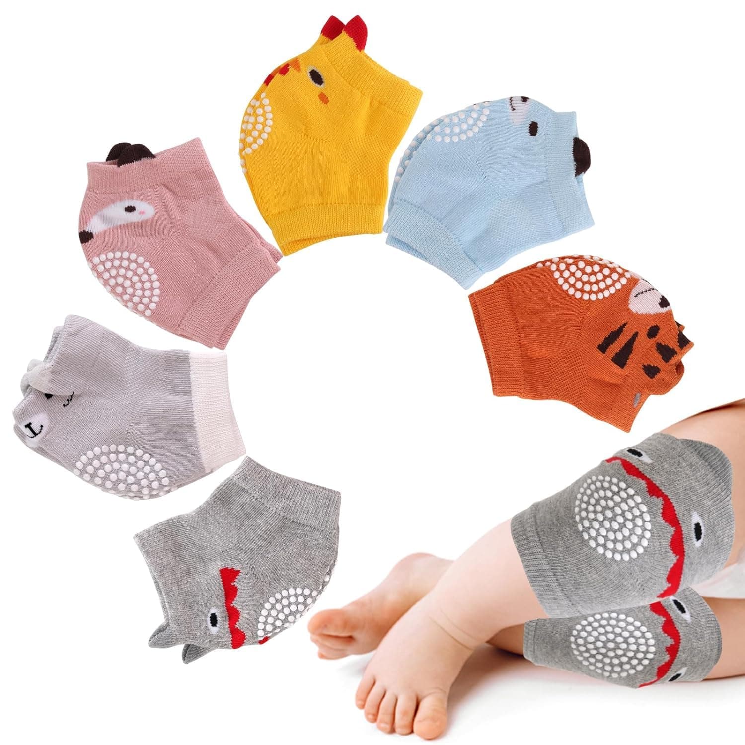 Goodern Baby Knee Pads for Crawling,6 Pairs Anti Slip Adjustable Breathable Knee Pads,Anti Slip Knee Protectors,Knee Leg Warmer Safety Walking Elastic Kneepads for 0-3 Years Boy and Girl