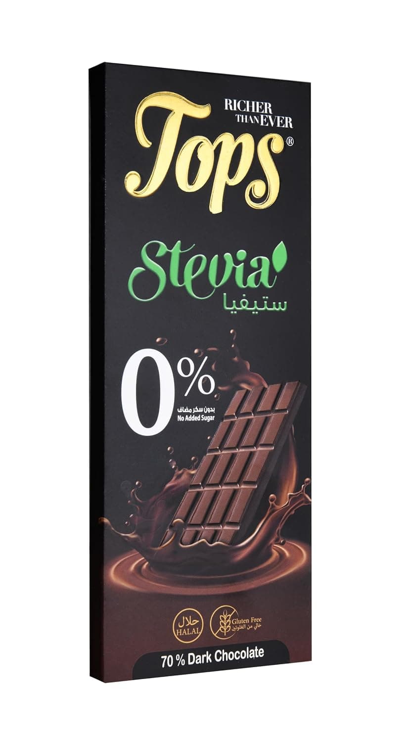 Tops Sugar-Free Dark Chocolate Bar With Stevia – 50G | No Added Sugar, Naturally Sweetened, Keto & Diabetic-Friendly, Rich & Intense Dark Chocolate
