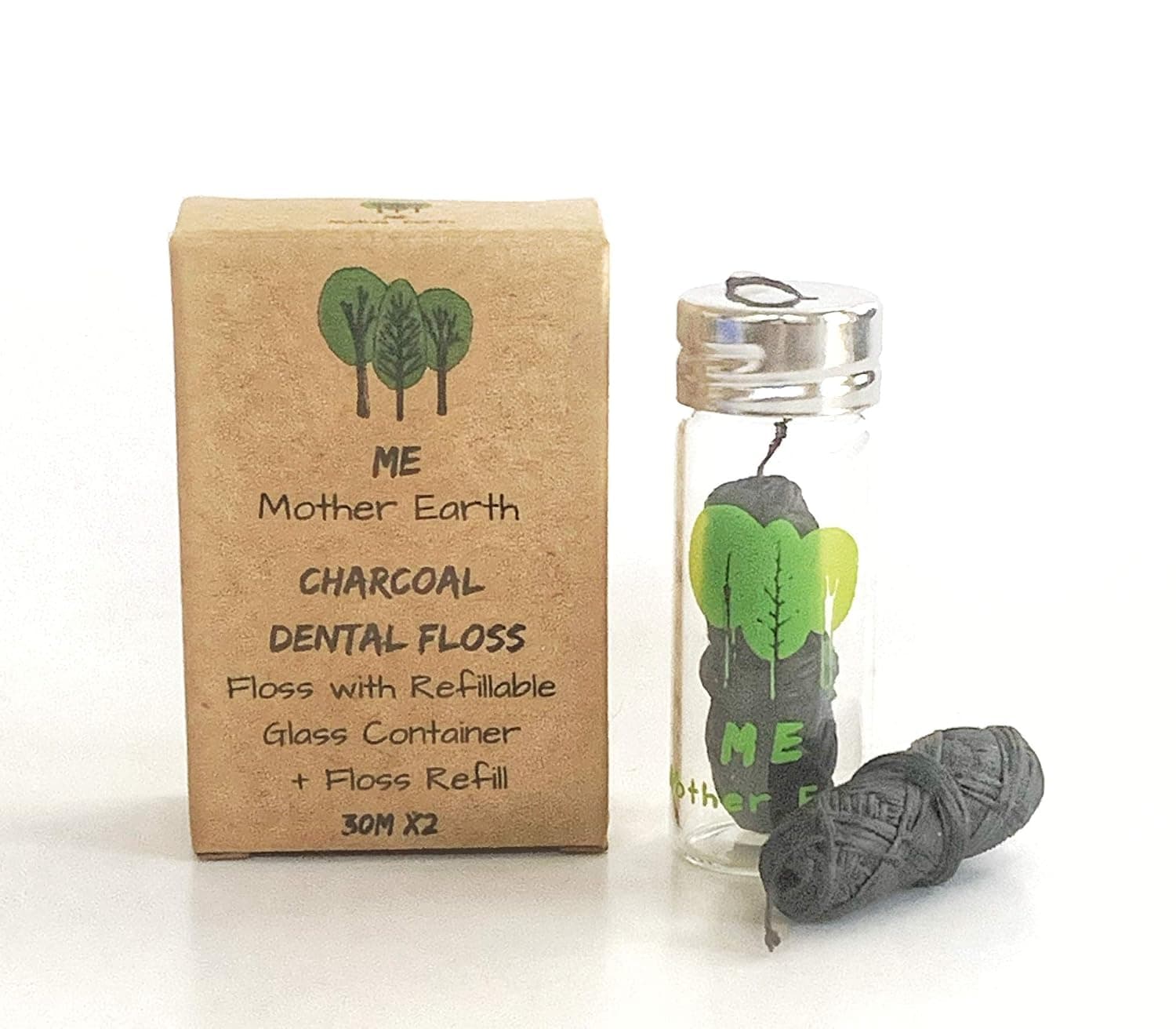 Vegan Biodegradable Bamboo Charcoal Dental Floss with Refillable Glass Container | Free Refill | Natural Candelilla Wax | 33yds x2 | Peppermint Essential Oil | Eco Friendly Zero Waste Oral Care | Vegan waxed string floss for adults. Silk free, cruelty free, peppermint. 2 spools, 30M each. Glass jar, oral care.