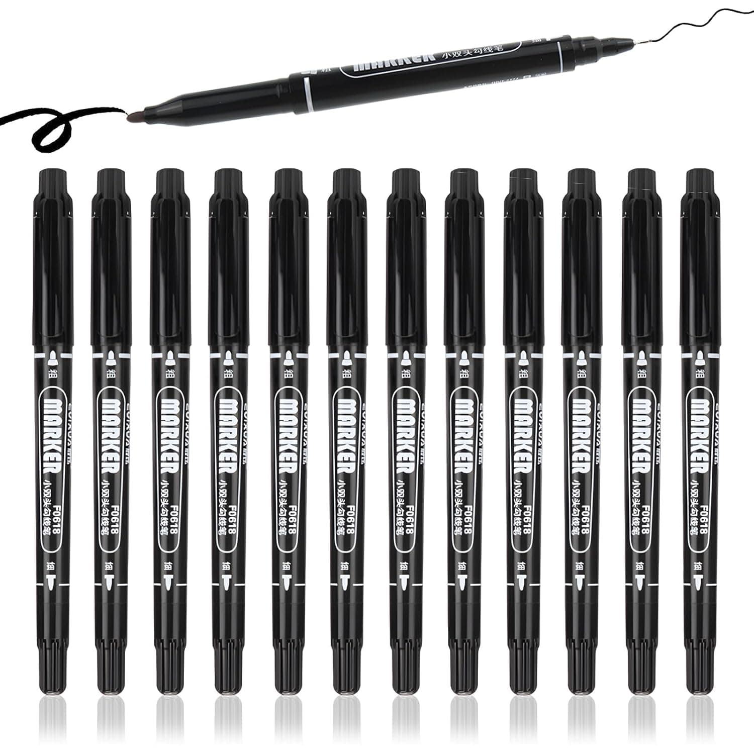 Dual Tip Permanent Marker Pens, 12 Pack Black Fine and Ultra Fine Point Markers, Waterproof, Quick Drying, Non-Toxic Black Markers for Art, Drawing, Sketching, Glass, Plastic, Wood, Office, School