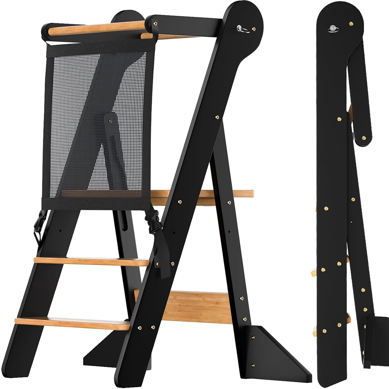 COSYLAND Toddler Standing Tower Foldable Toddler Kitchen Step Stool | Adjustable Height Folding Step Stool for Kids Learning, Cooking - Ages 18 Months-6 Years with Safety Net Natural & Charcoal