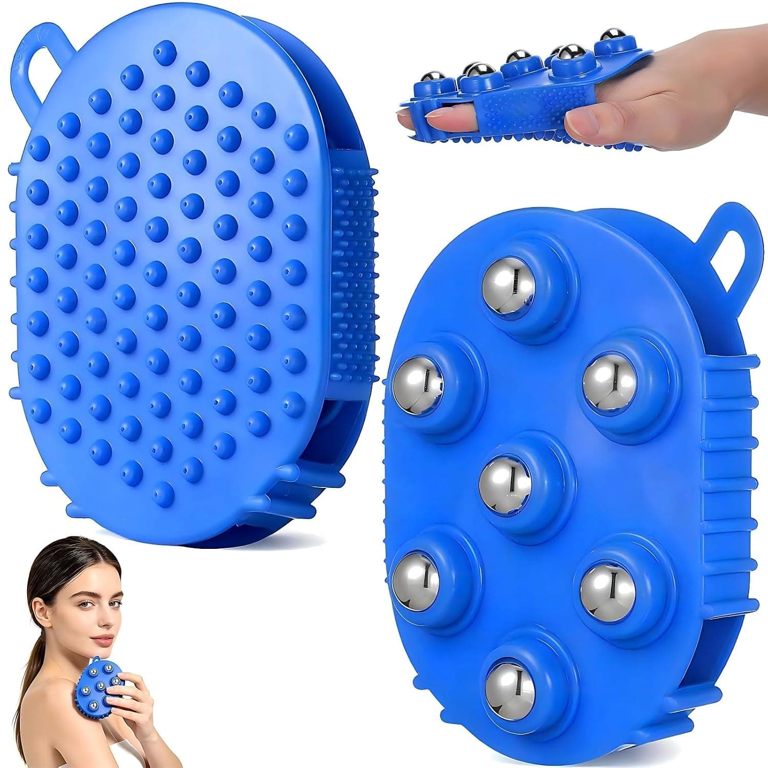 Lymphatic Drainage Massage Tool 7 Roller Body Massager with 360 Degree Metal Balls Handheld Massage Device for Muscle Relief Relaxation and Full Body Care (Blue)